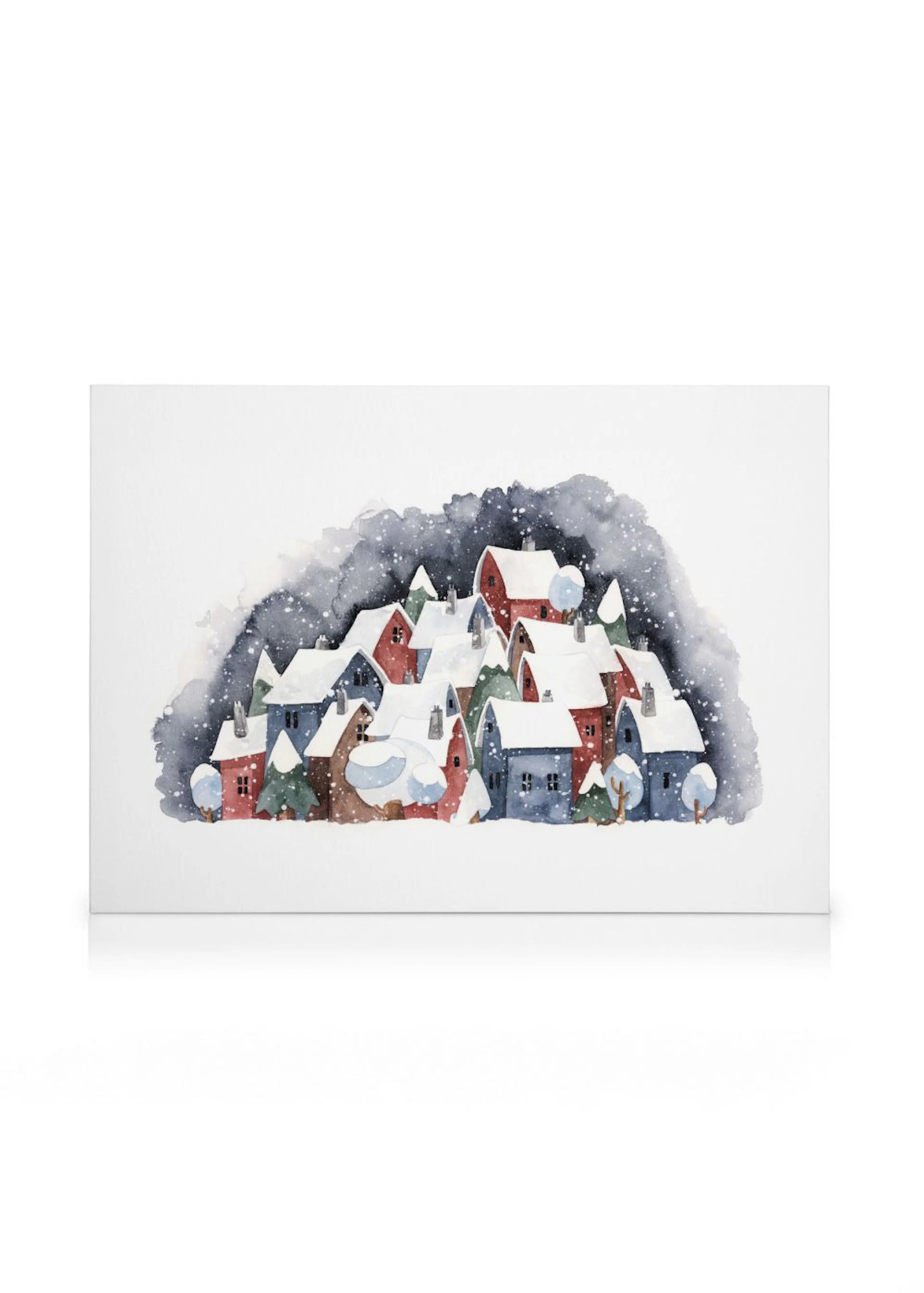 A cozy watercolor canvas depicting a snow-covered village with red and blue houses under a dark, snowy sky.