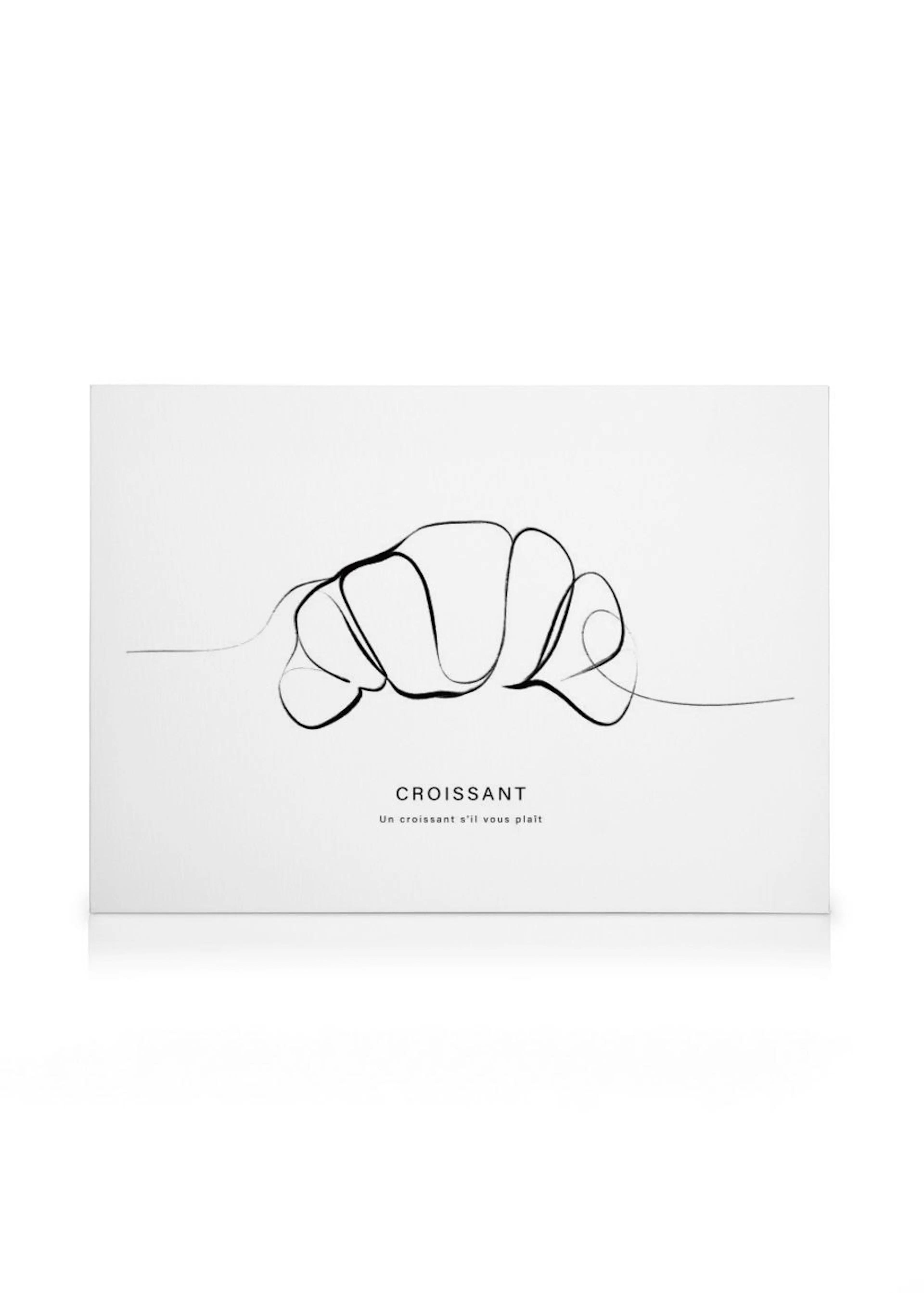 Stampa su tela con un disegno minimalista di un croissant nero su sfondo bianco, con la scritta CROISSANT.