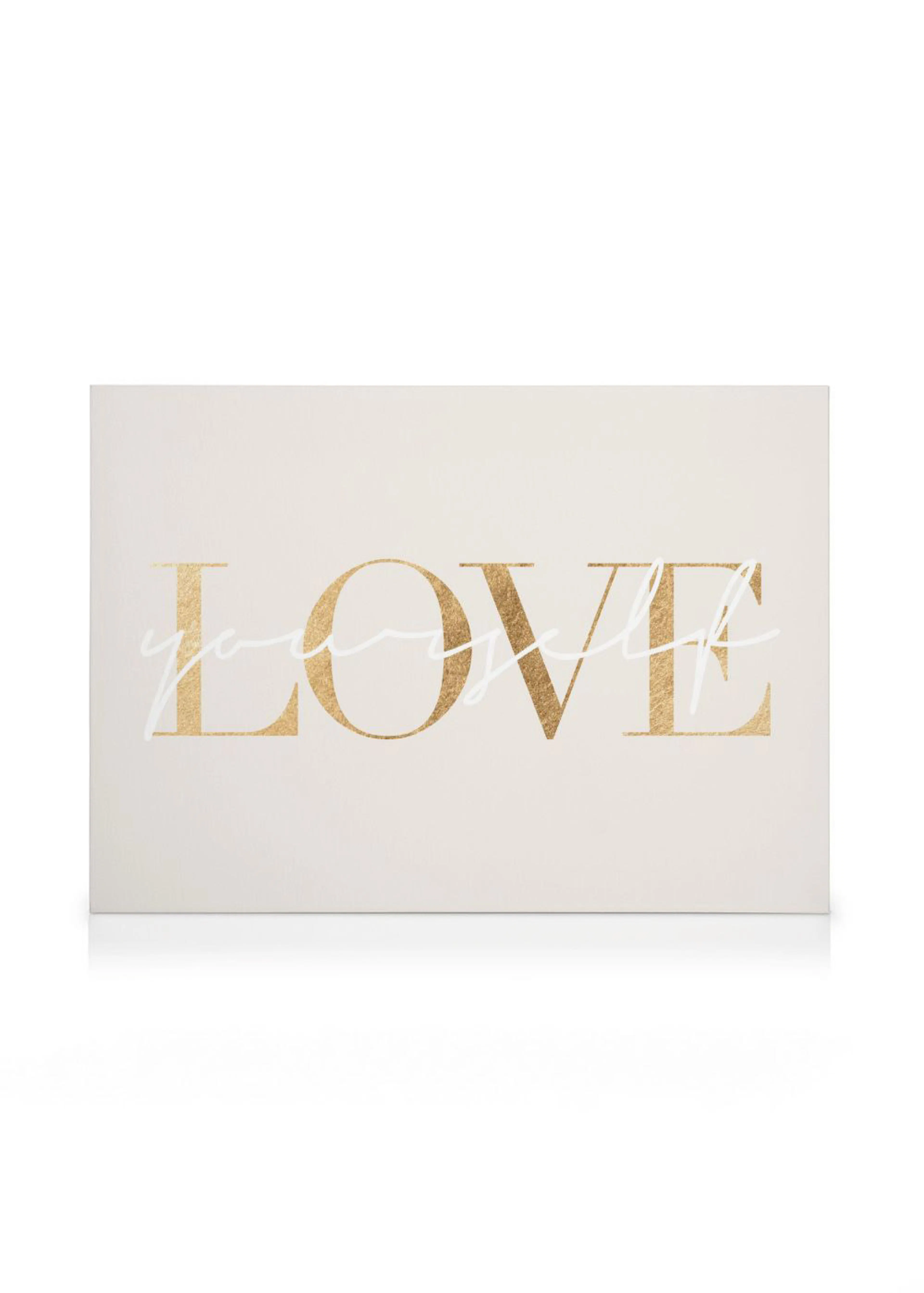 Leinwandbild mit dem Wort LOVE in Goldtönen und dem Wort yourself in Weiß, das sich überlappend einfügt.