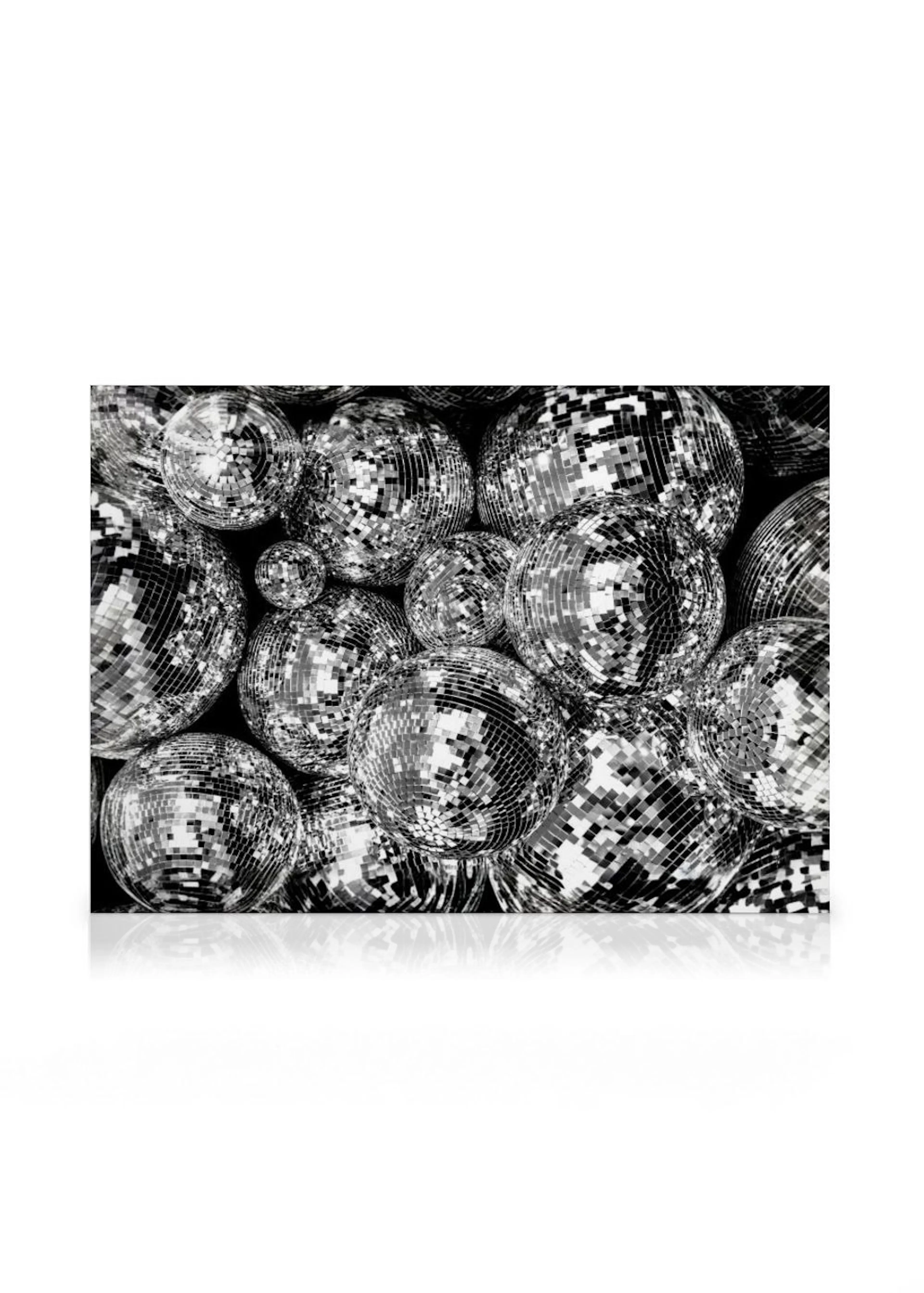 A canvas displaying a vibrant cluster of disco balls in various sizes, reflecting light in a mosaic pattern.