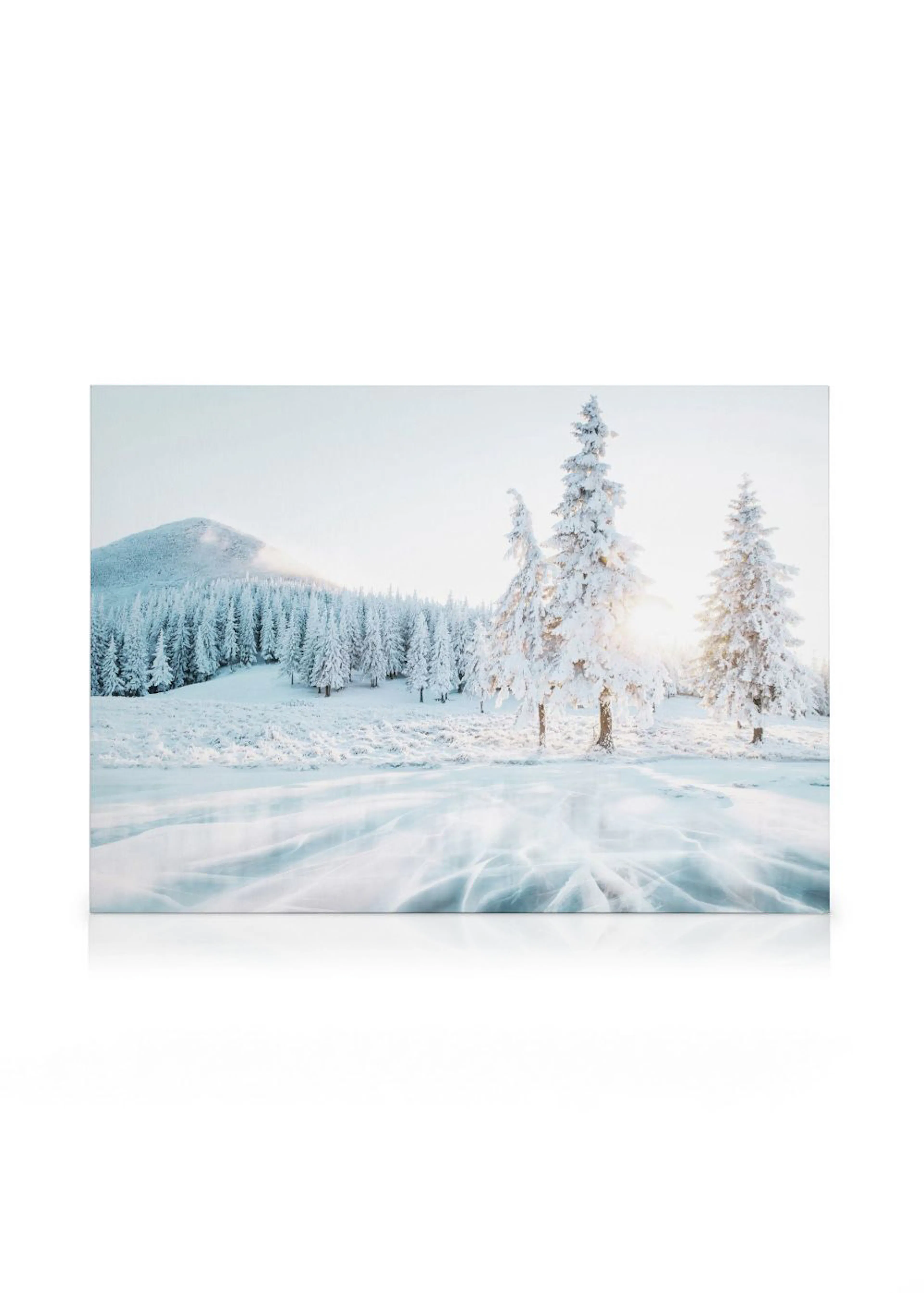 Lienzo de un paisaje invernal con árboles cubiertos de nieve y sol brillante sobre un lago de hielo.