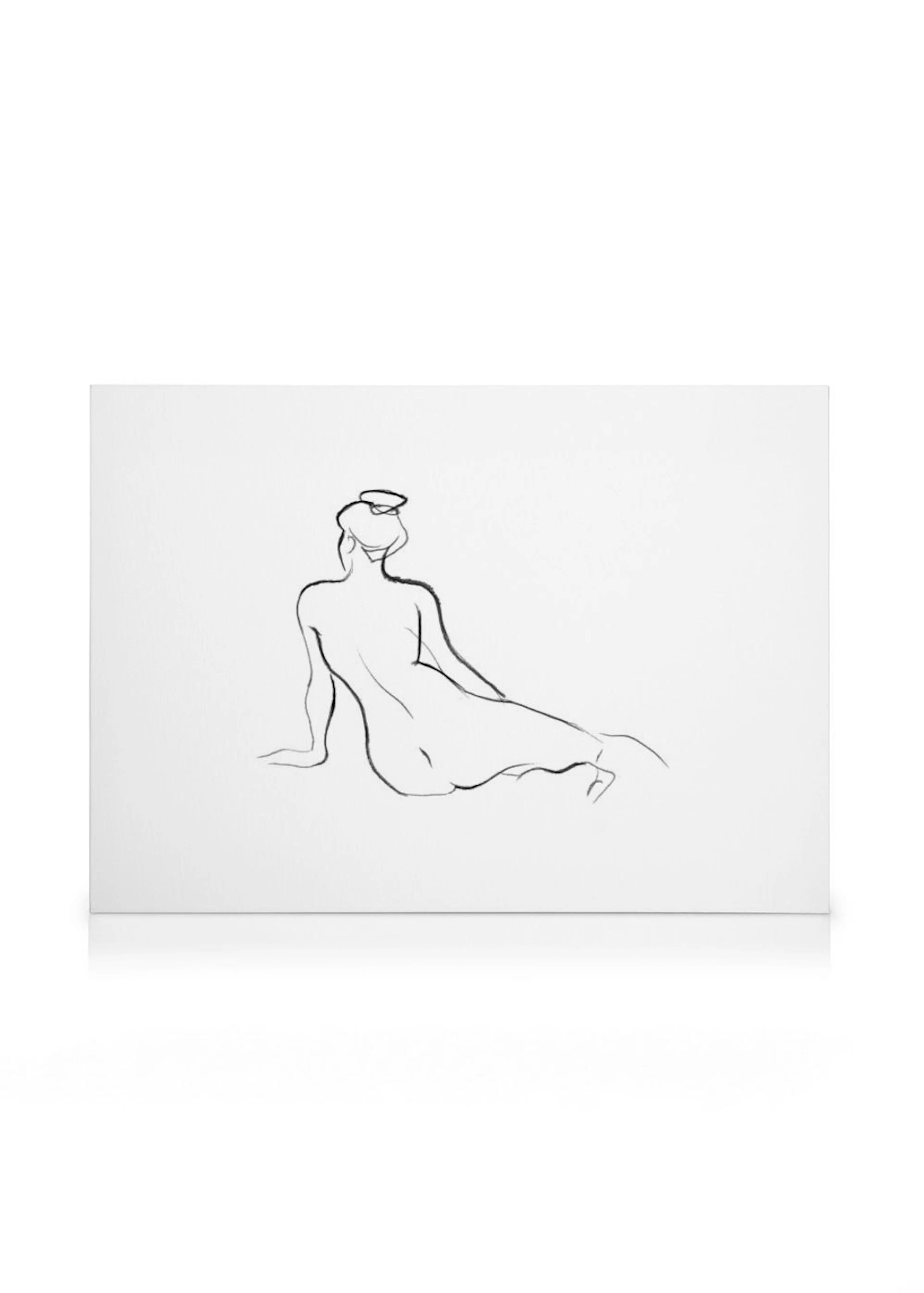 Stampa su tela con disegno astratto di figura femminile seduta, in bianco e nero.