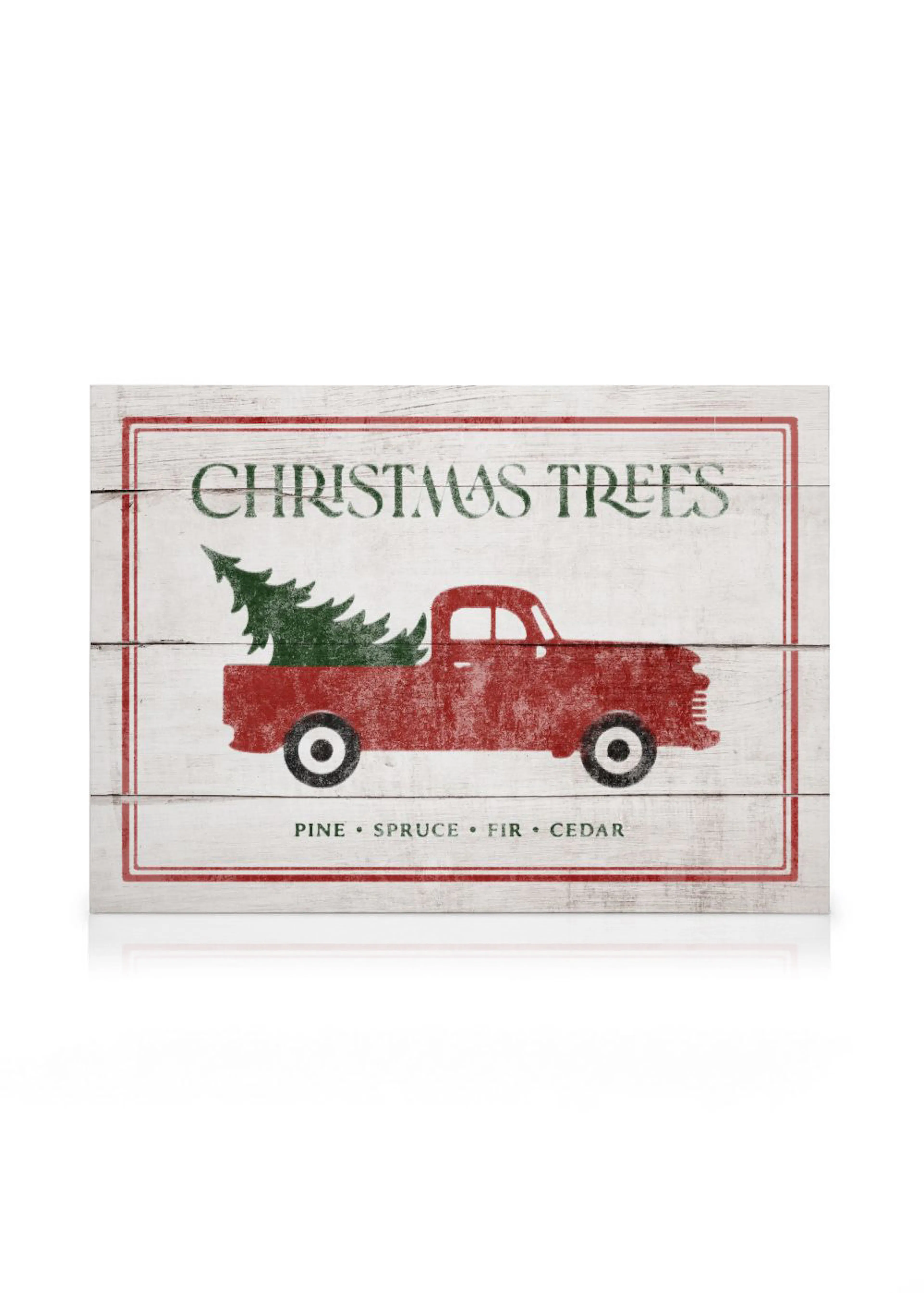 Toile murale blanche avec un camion rouge transportant un sapin de Noël vert, encadré de rouge et le texte Christmas Trees.