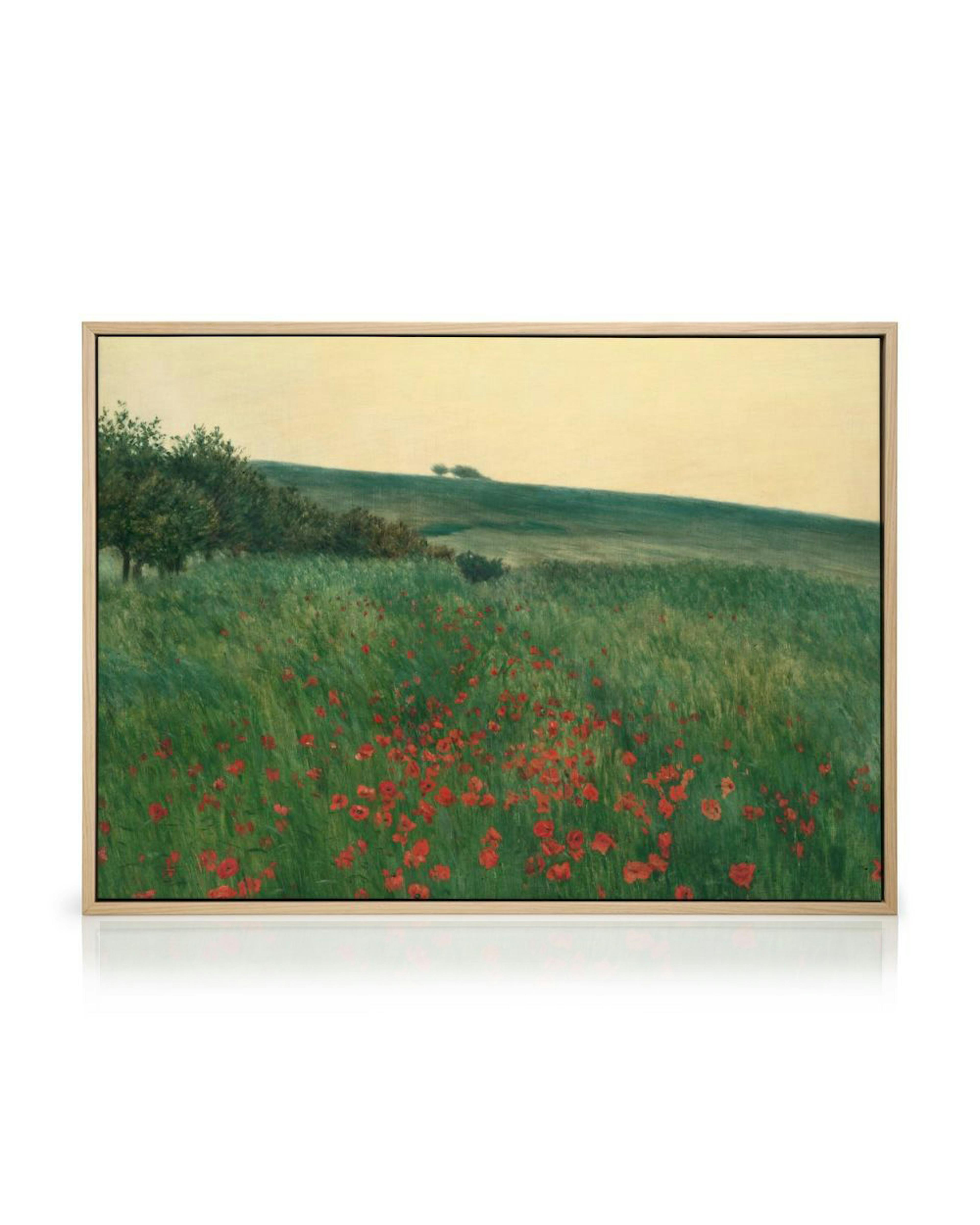 Mező pipacsokkal, fűvel és fákkal festményen, sárga égbolttal ábrázolva, canvas anyagon.