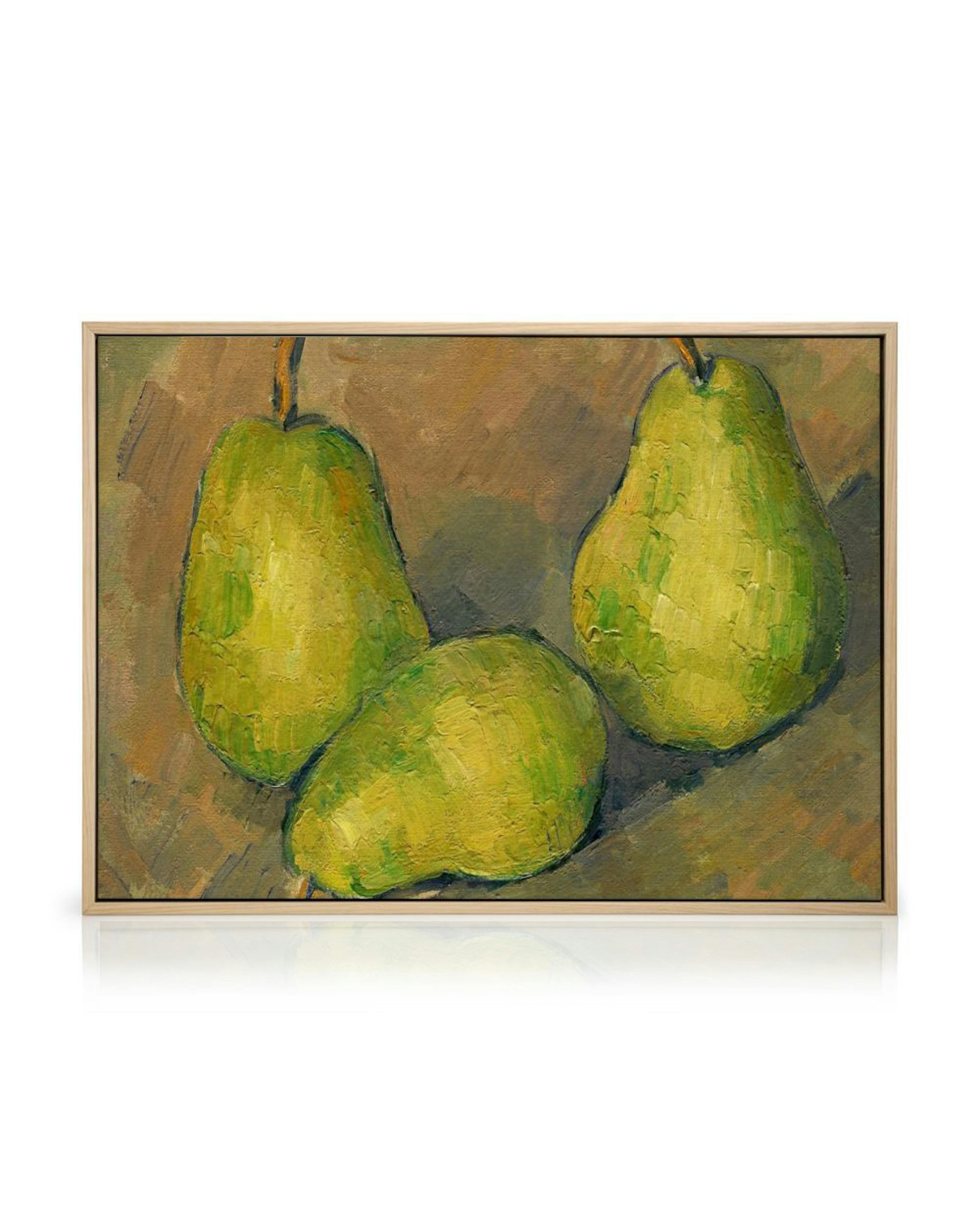 Három zöld körte olajfestmény stílusú canvas képe, sötétbarna háttérrel.