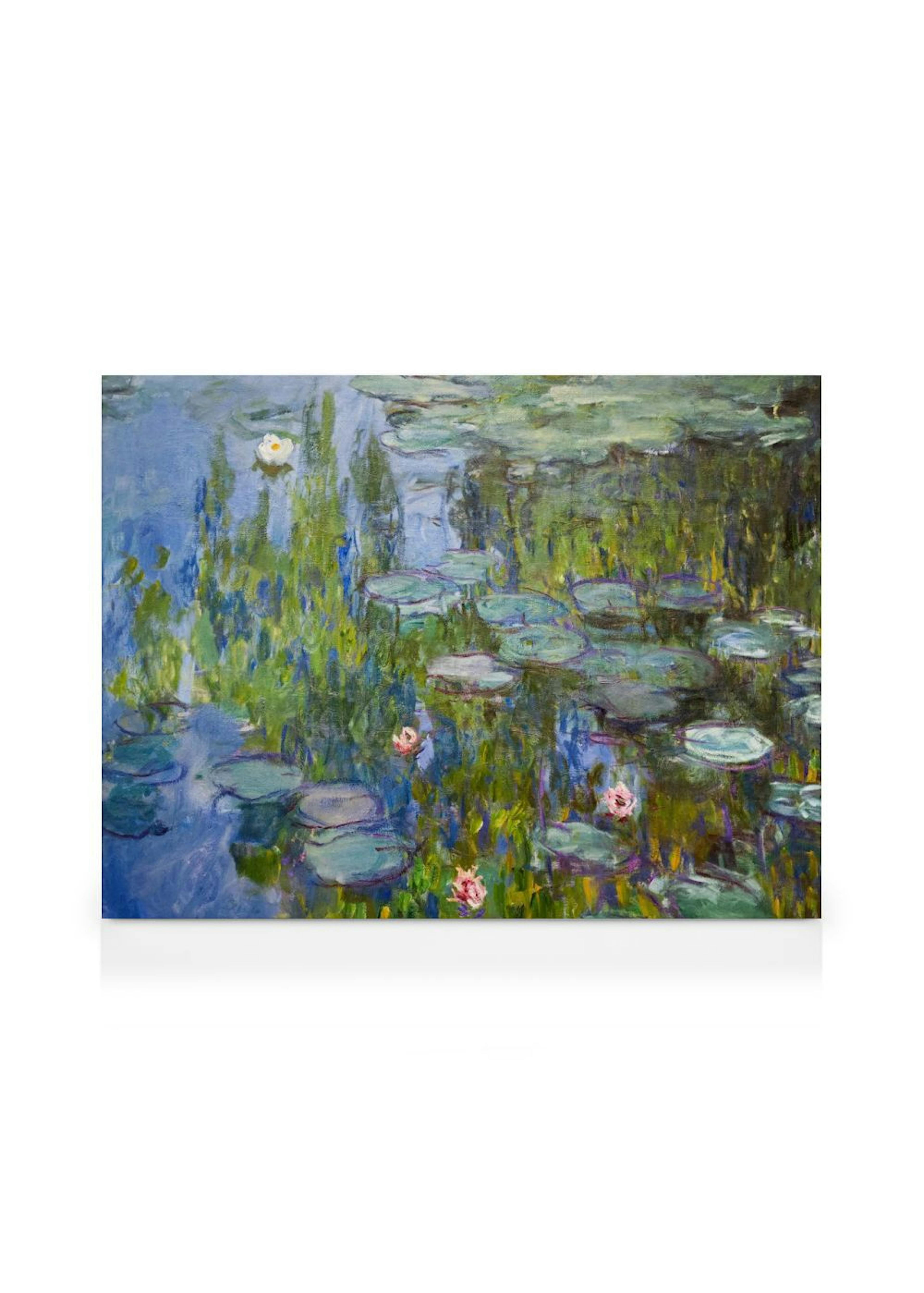 Leinwandbild von Seerosen auf einem Teich mit grünen Blättern und pinken Blüten im impressionistischen Stil.