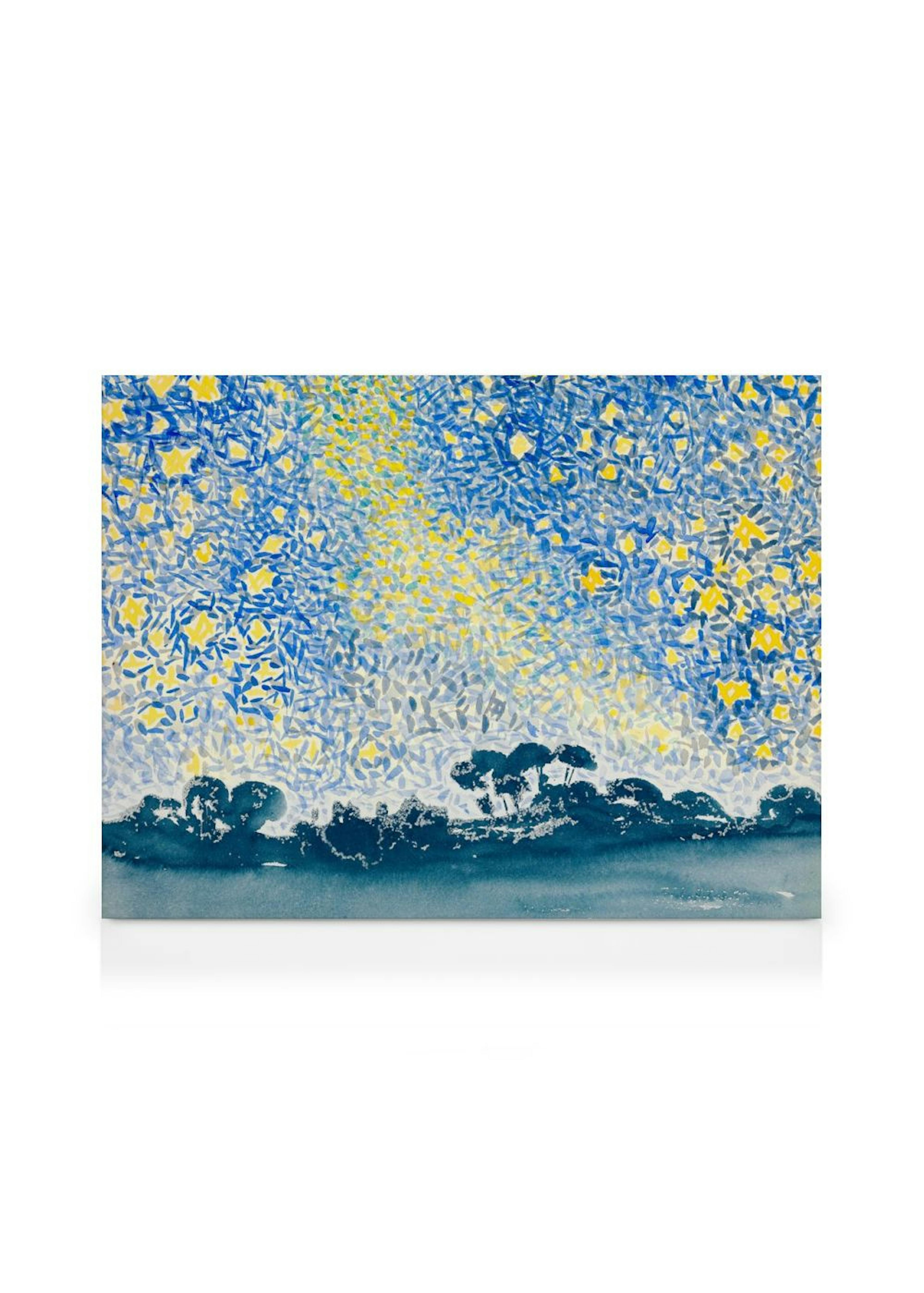 Leinwandbild: Abstrakte blaue und gelbe Sternennacht über einer dunklen Waldlandschaft.