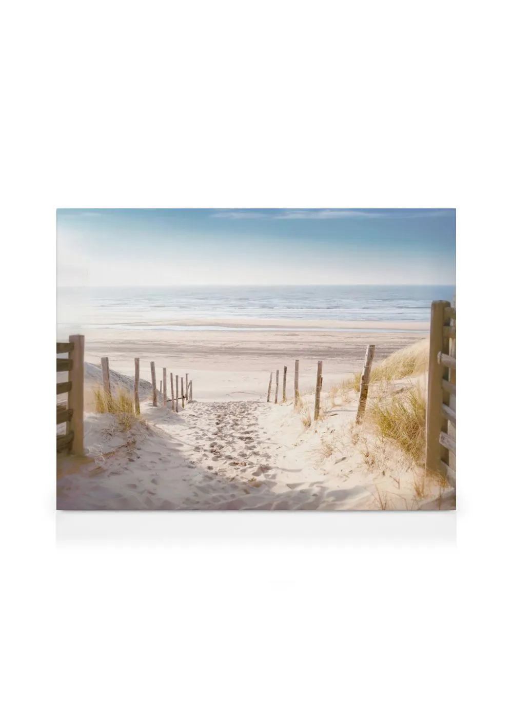 Stampa su tela di un sentiero sabbioso tra dune con paletti di legno che conduce a una spiaggia e alloceano.