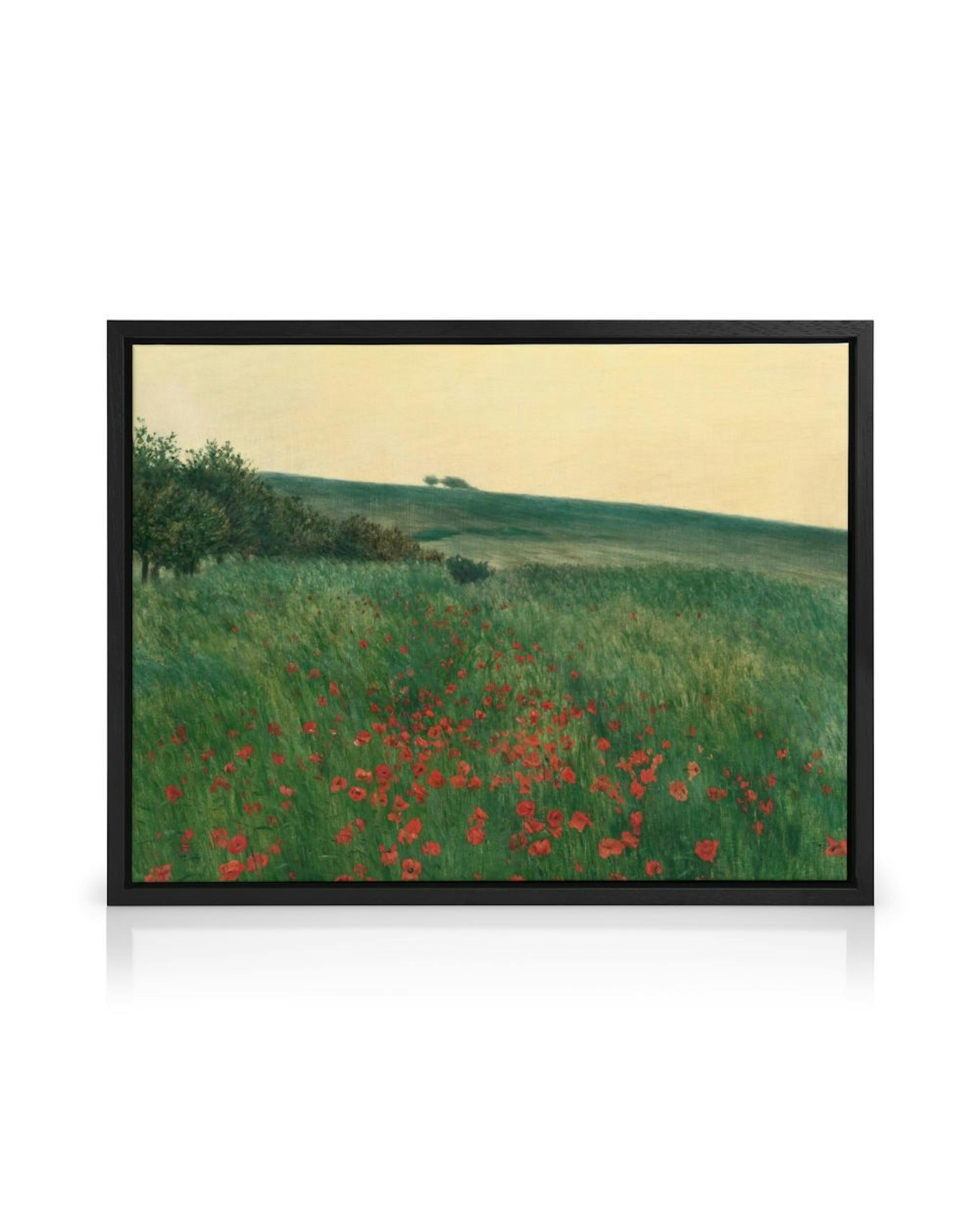 A lush green field of red poppies under a pale sky, with trees on the left, captured on a canvas print.