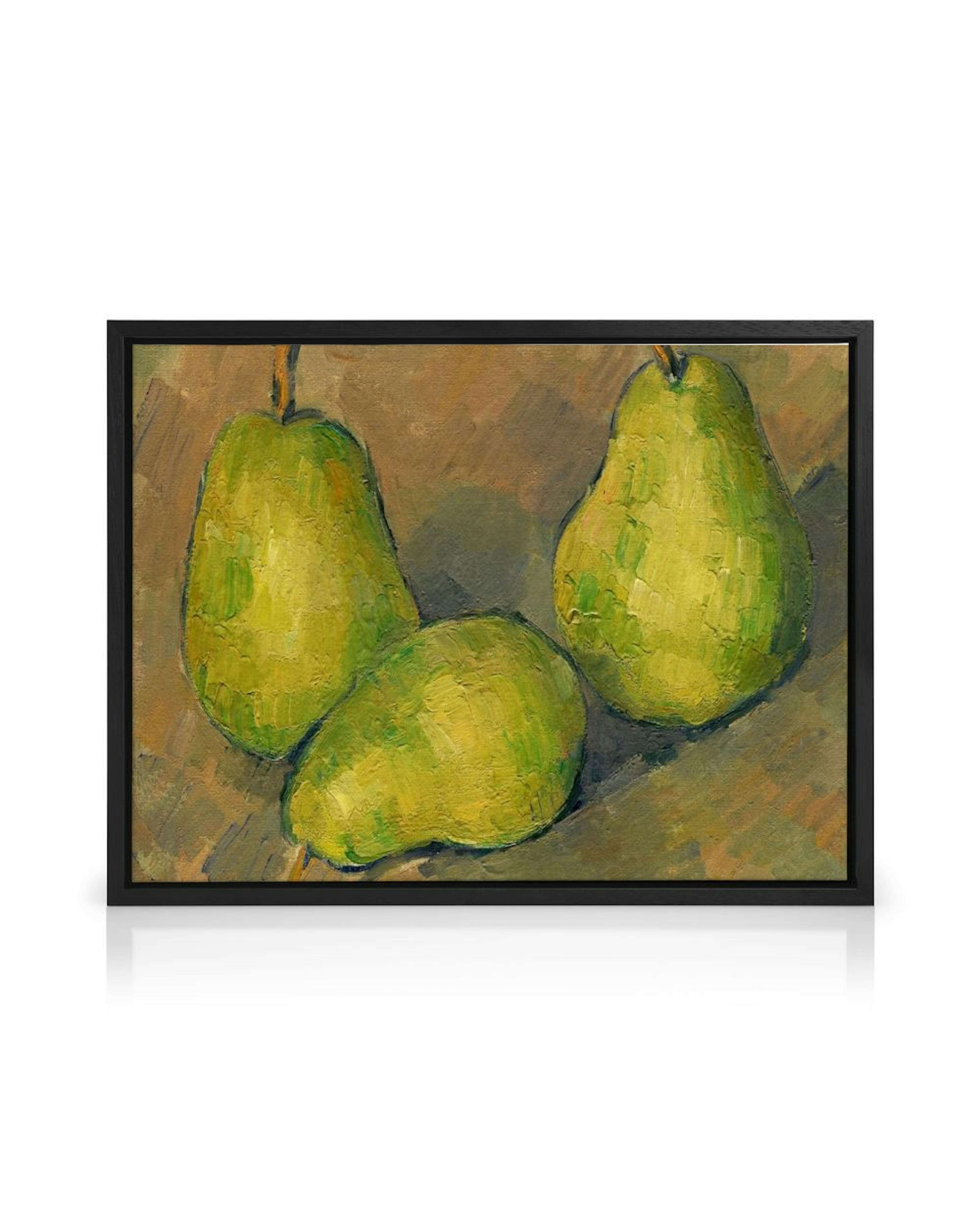 A canvas displaying a still life painting of three green pears with visible brushstrokes on a brown background.