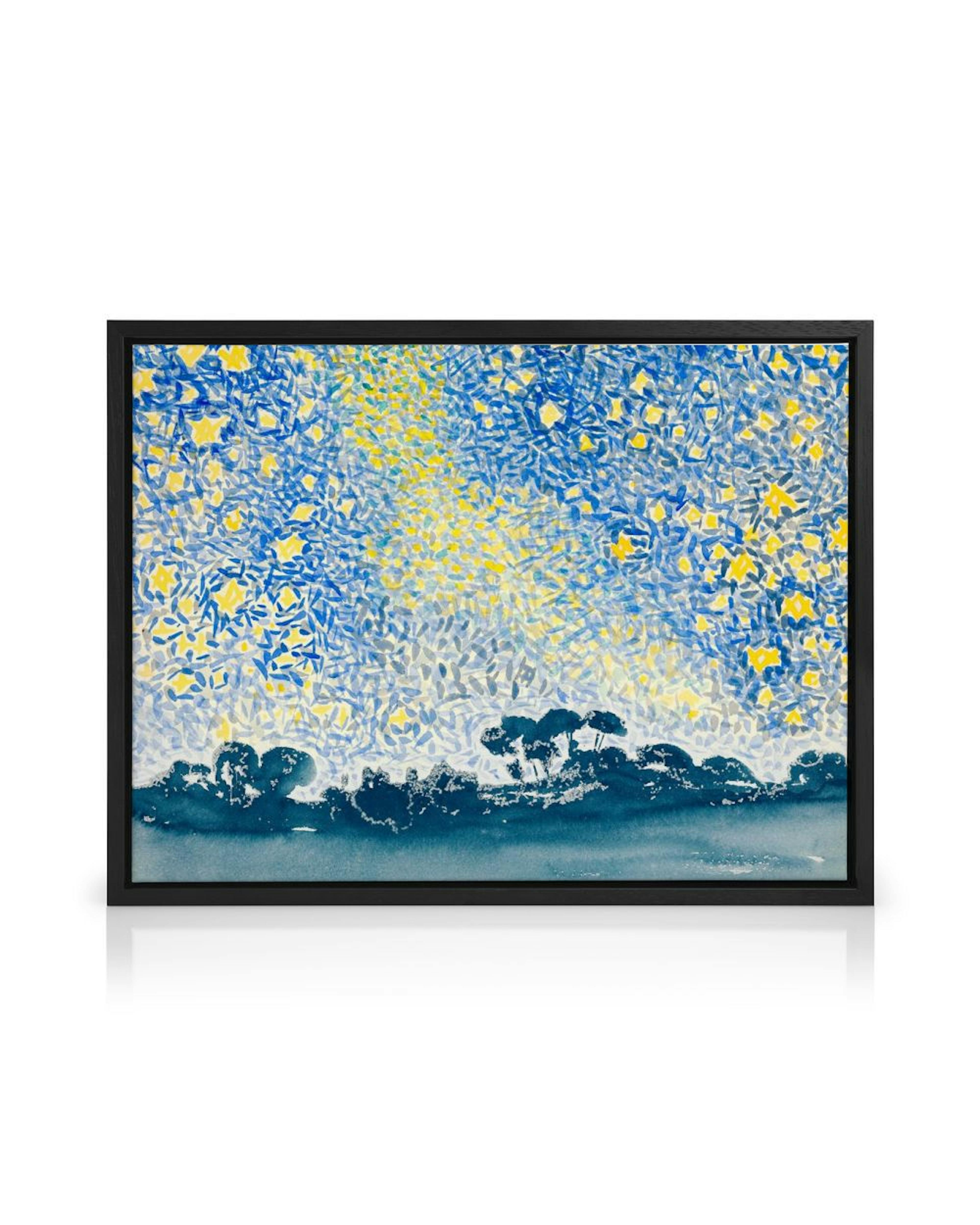 A canvas depicting a starry night sky with yellow stars and blue brushstrokes above a dark silhouette of trees.