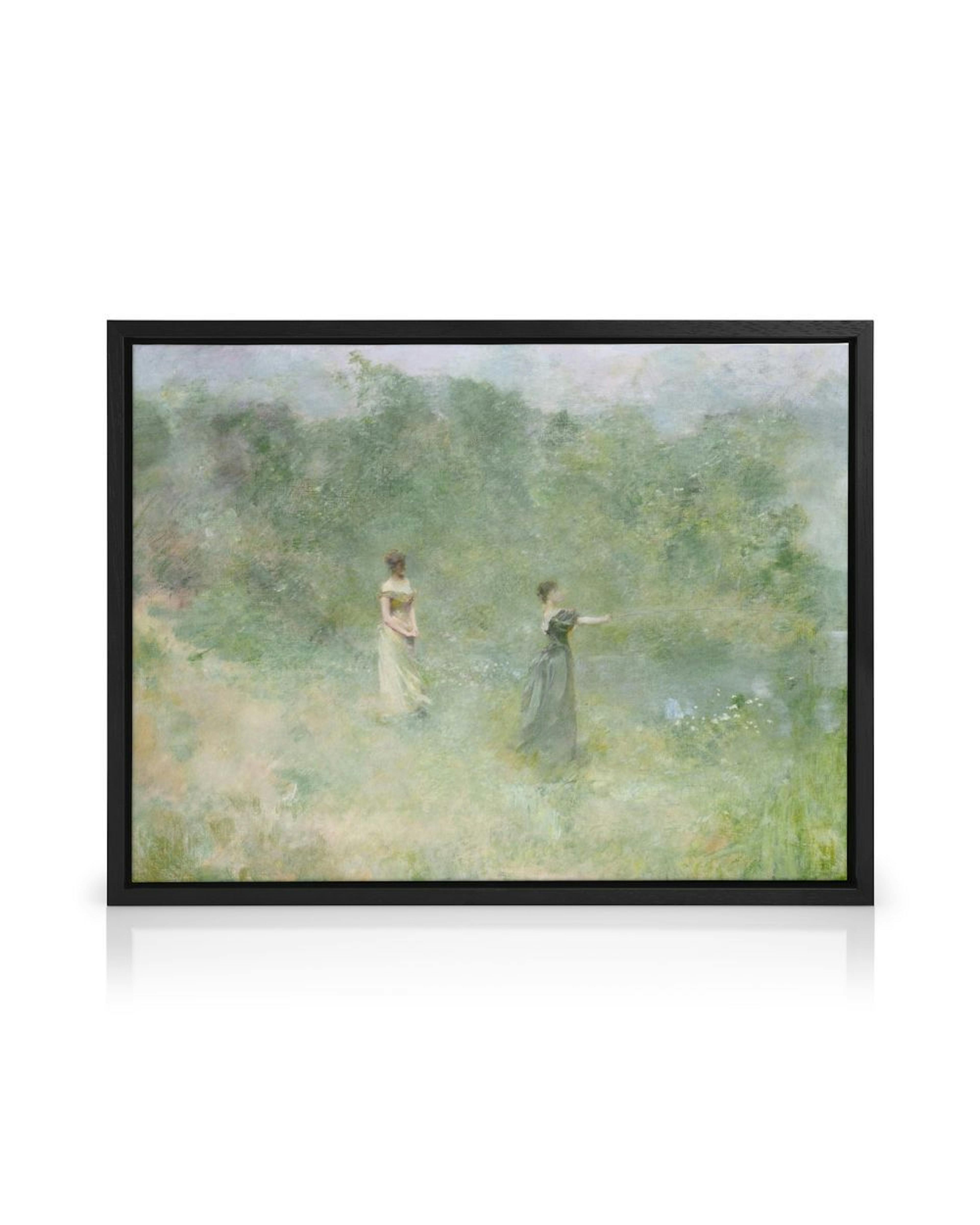 Impressionist painting of two women in a pale green meadow, hanging above a timber cabinet in a minimalist room.