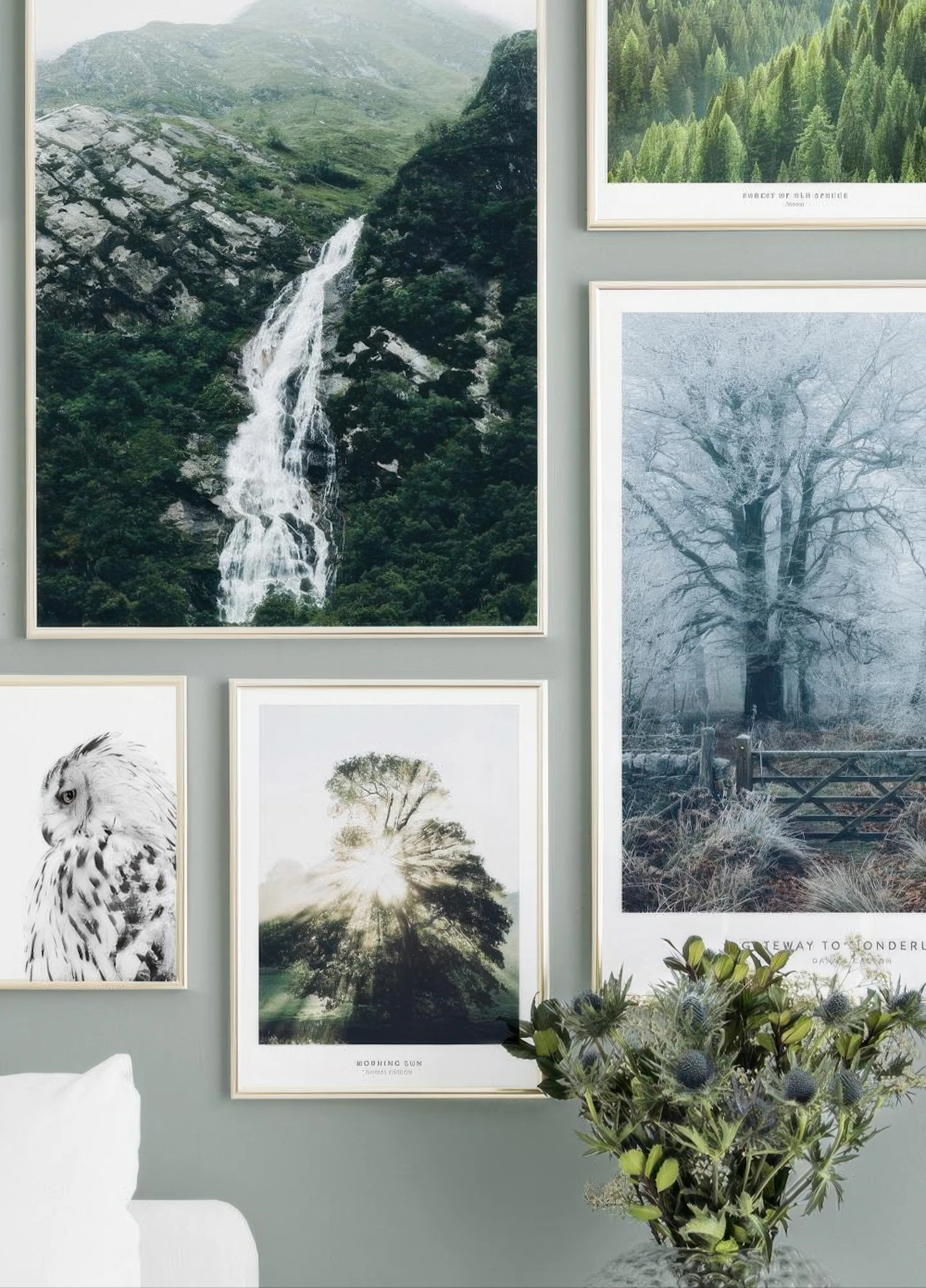 A gallery wall of nature posters, including a waterfall, owl, sunlit tree, frosty tree, and pine forest, in a modern living room