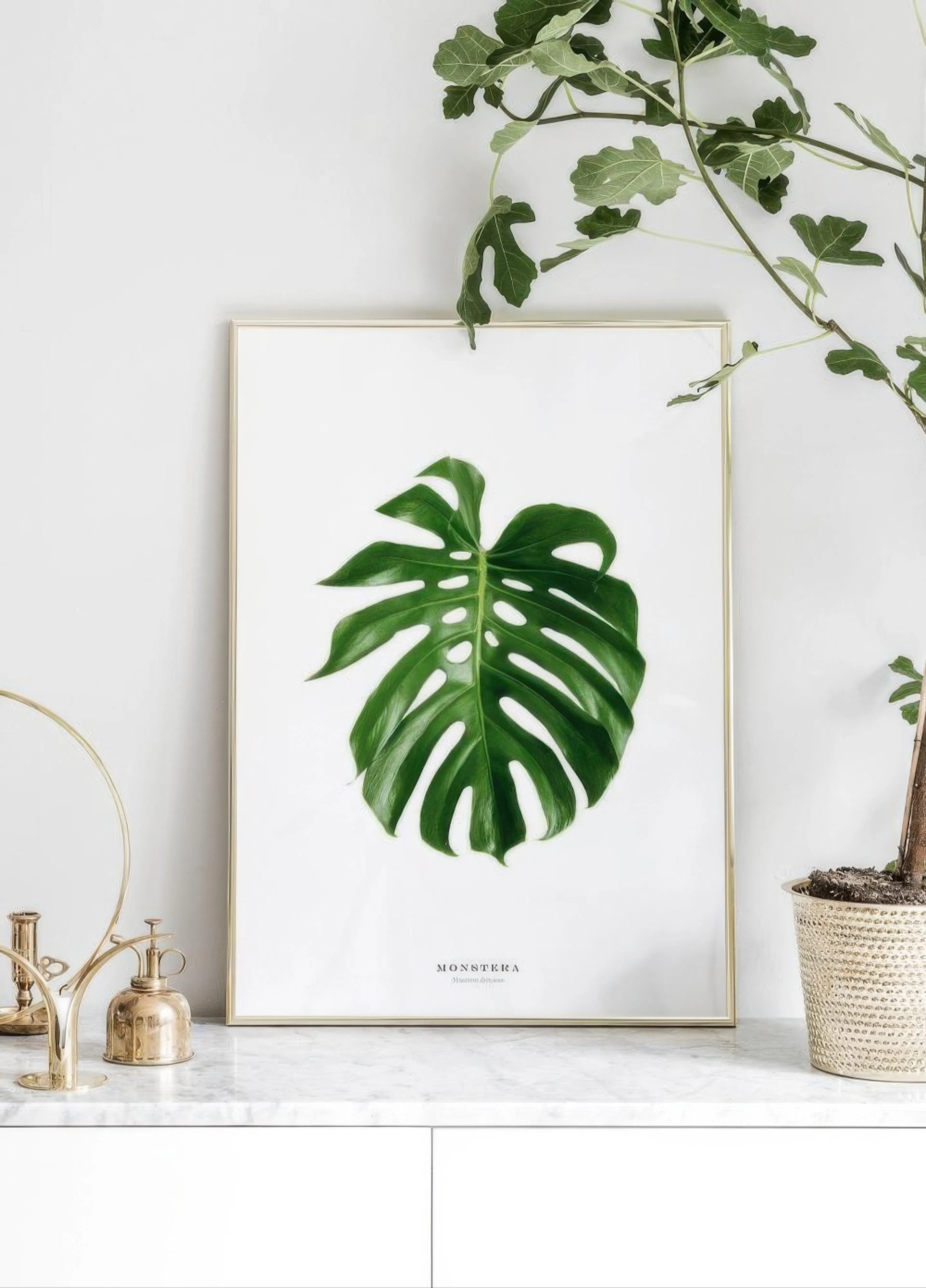 A Monstera deliciosa plant leaf poster, displayed on a white marble countertop with a plant in a woven pot and golden decor.