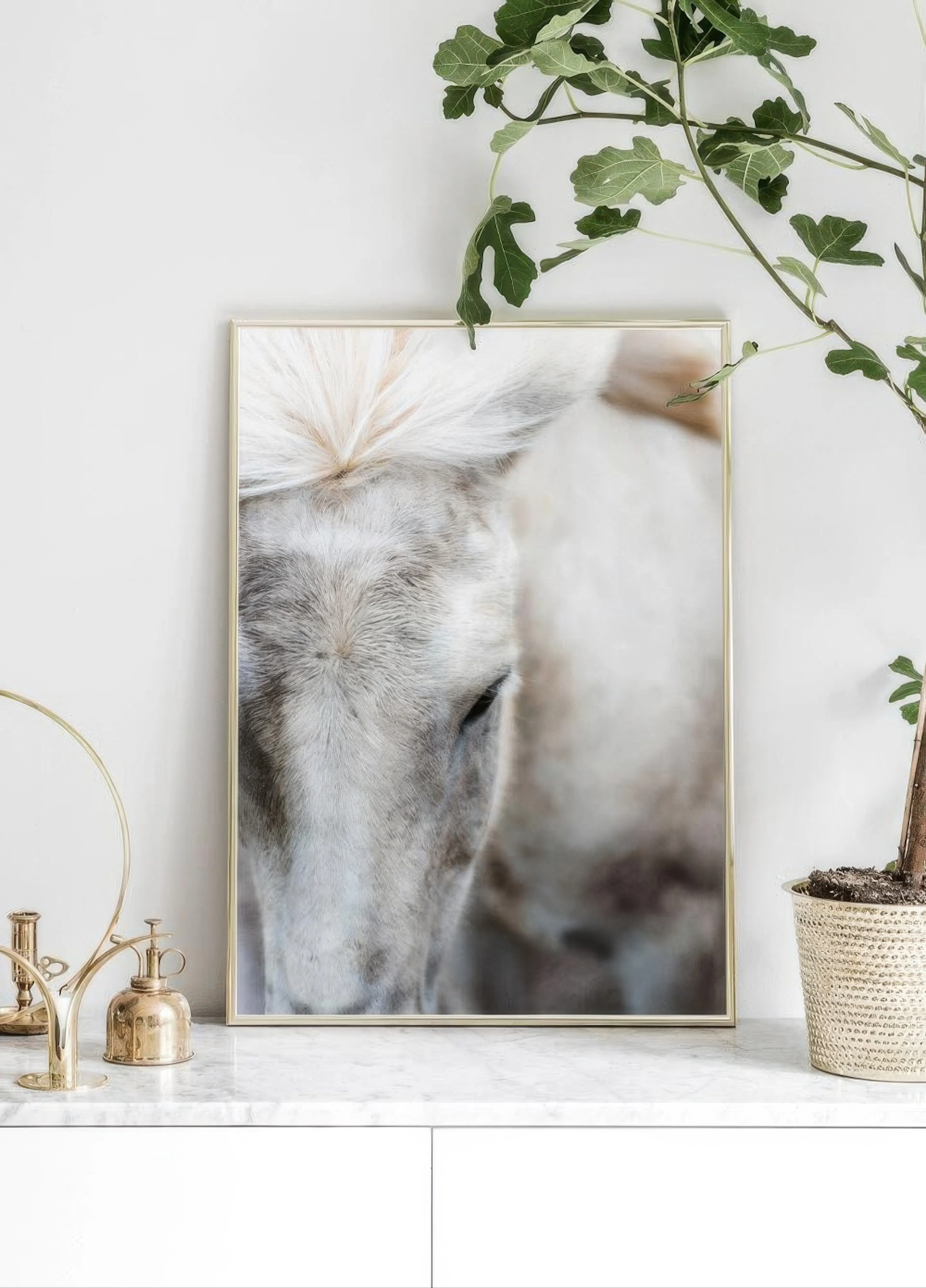 A poster of a white horses face with a flowing mane, resting on a marble-top cabinet beside a potted plant.
