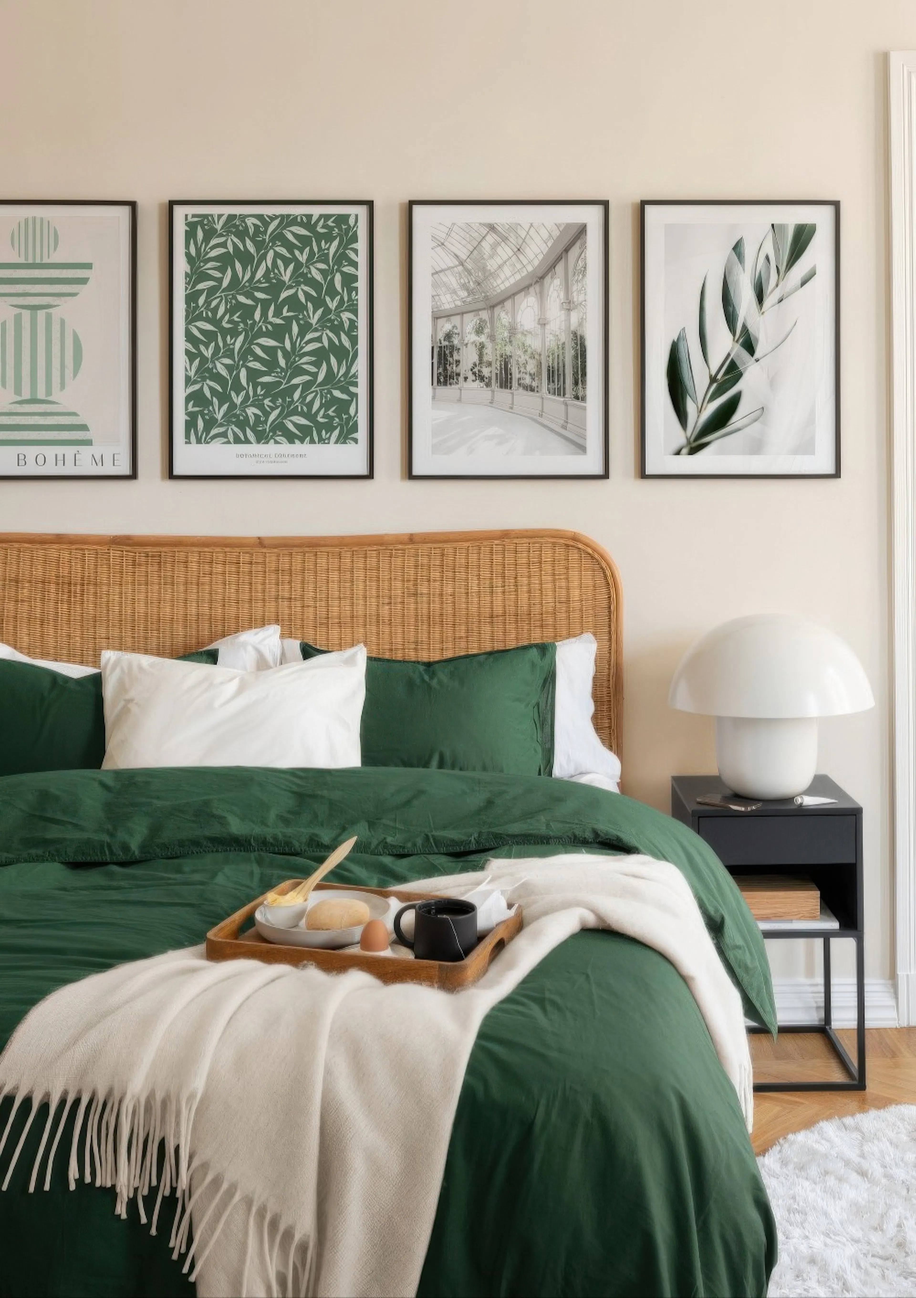 ラタンのヘッドボードがあるベッドルームに飾られた4枚のポスター。幾何学模様、葉のパターン、温室、植物のポスターが壁にかかっています。