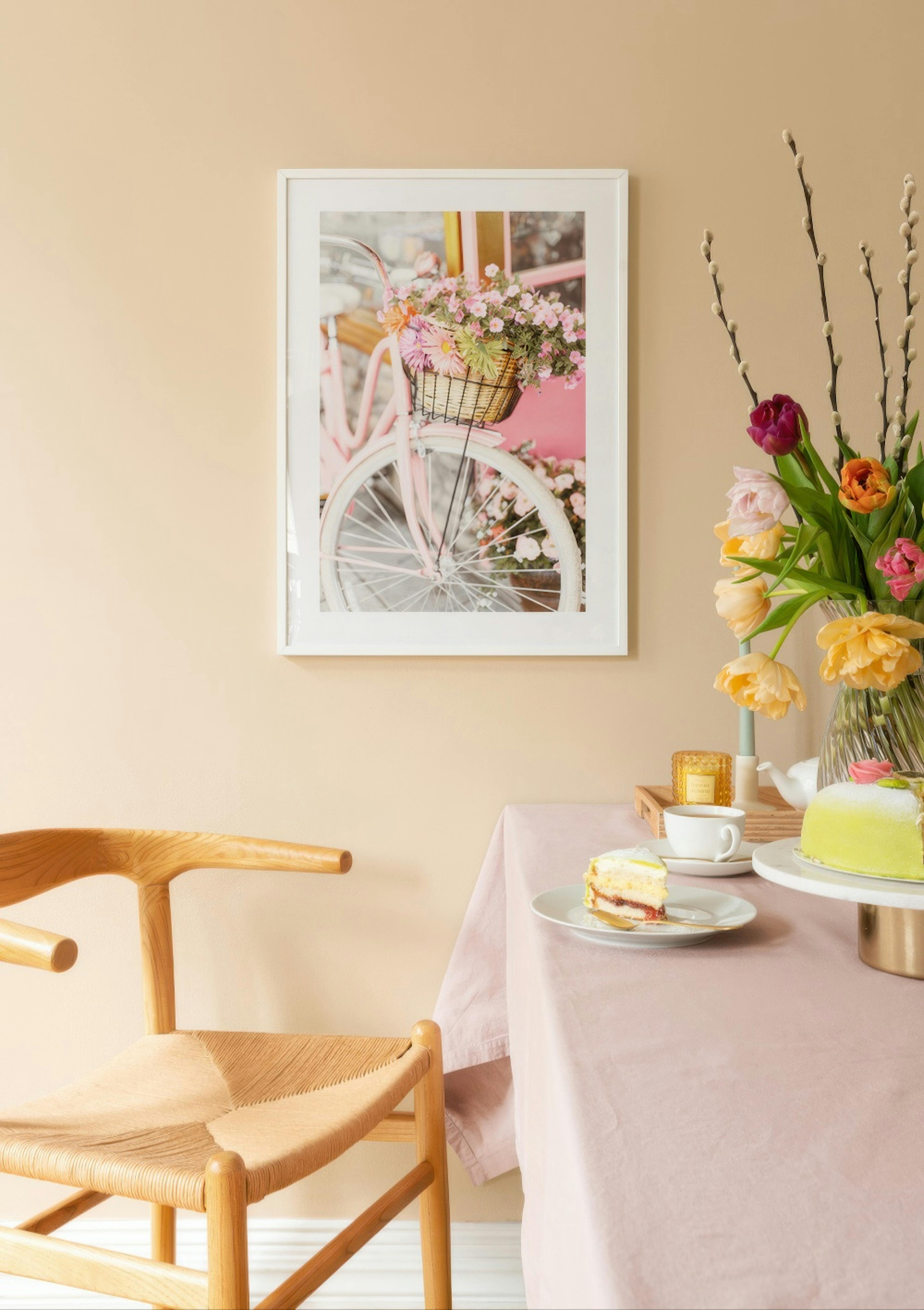 Roze fiets met bloemen poster thumbnail