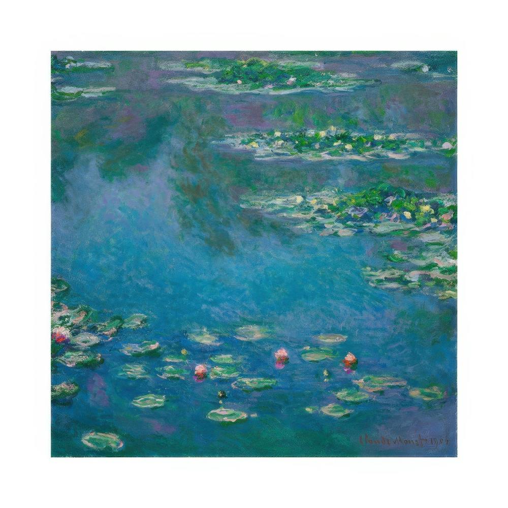 モネの睡蓮のポスター。青や緑の水面に、ピンクや白の睡蓮が浮かんでいる。