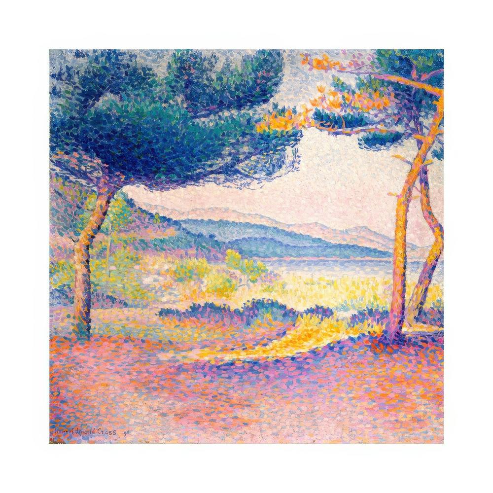 Poster pointilliste de pins et dun paysage méditerranéen ensoleillé, avec des teintes vives.