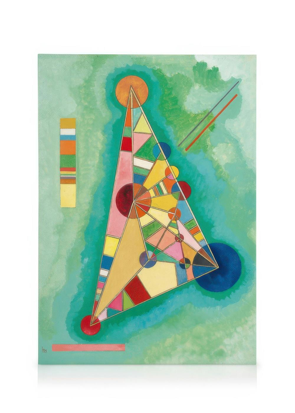 A canvas displaying an abstract composition of colorful geometric shapes and lines on a teal and green background.