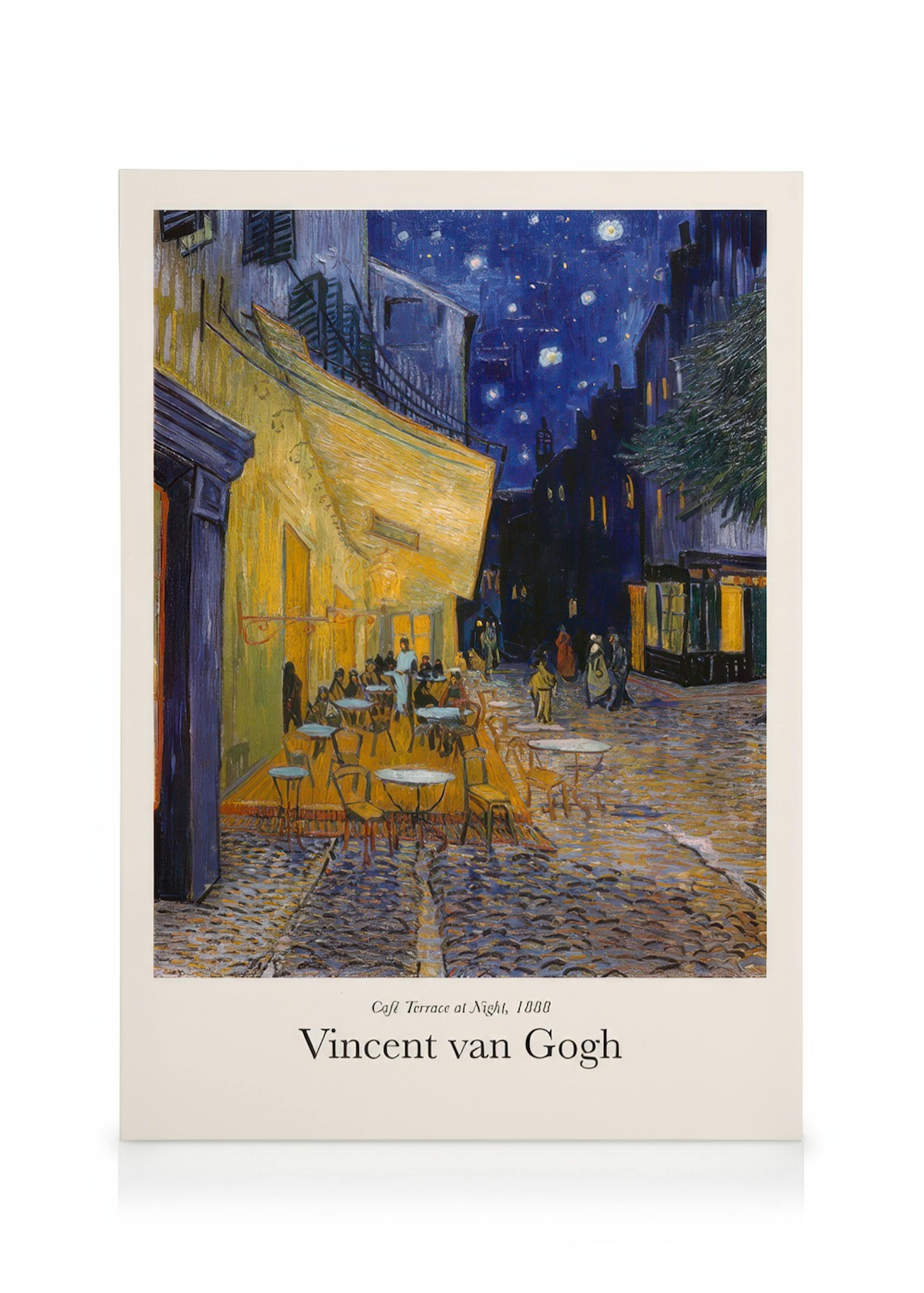 A canvas of Van Goghs Cafe Terrace at Night, with a brightly lit cafe under a dark blue, star-filled sky.