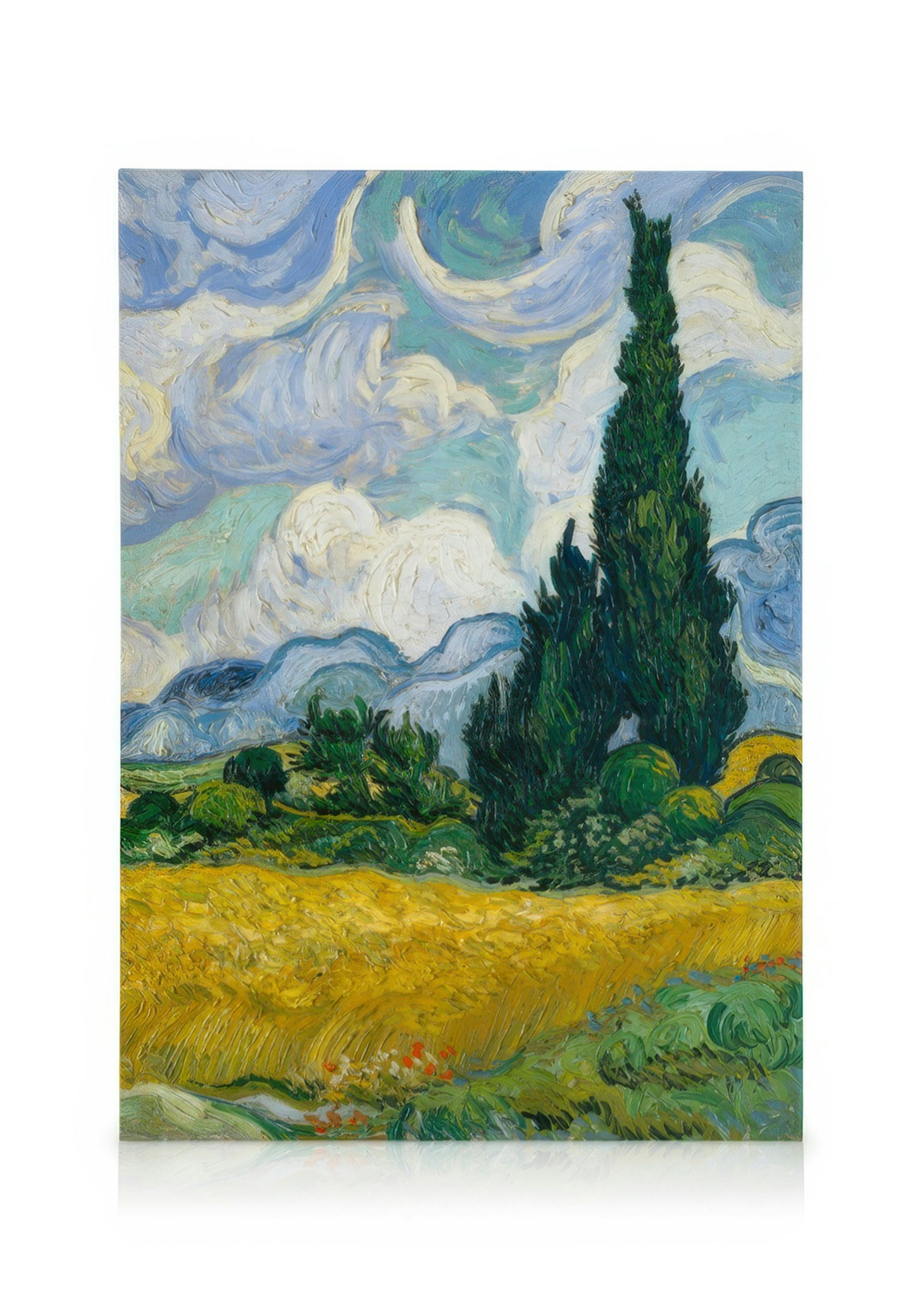 Toile Champ de blé avec cyprès de Van Gogh : un champ de blé jaune, des cyprès verts et un ciel nuageux bleu.
