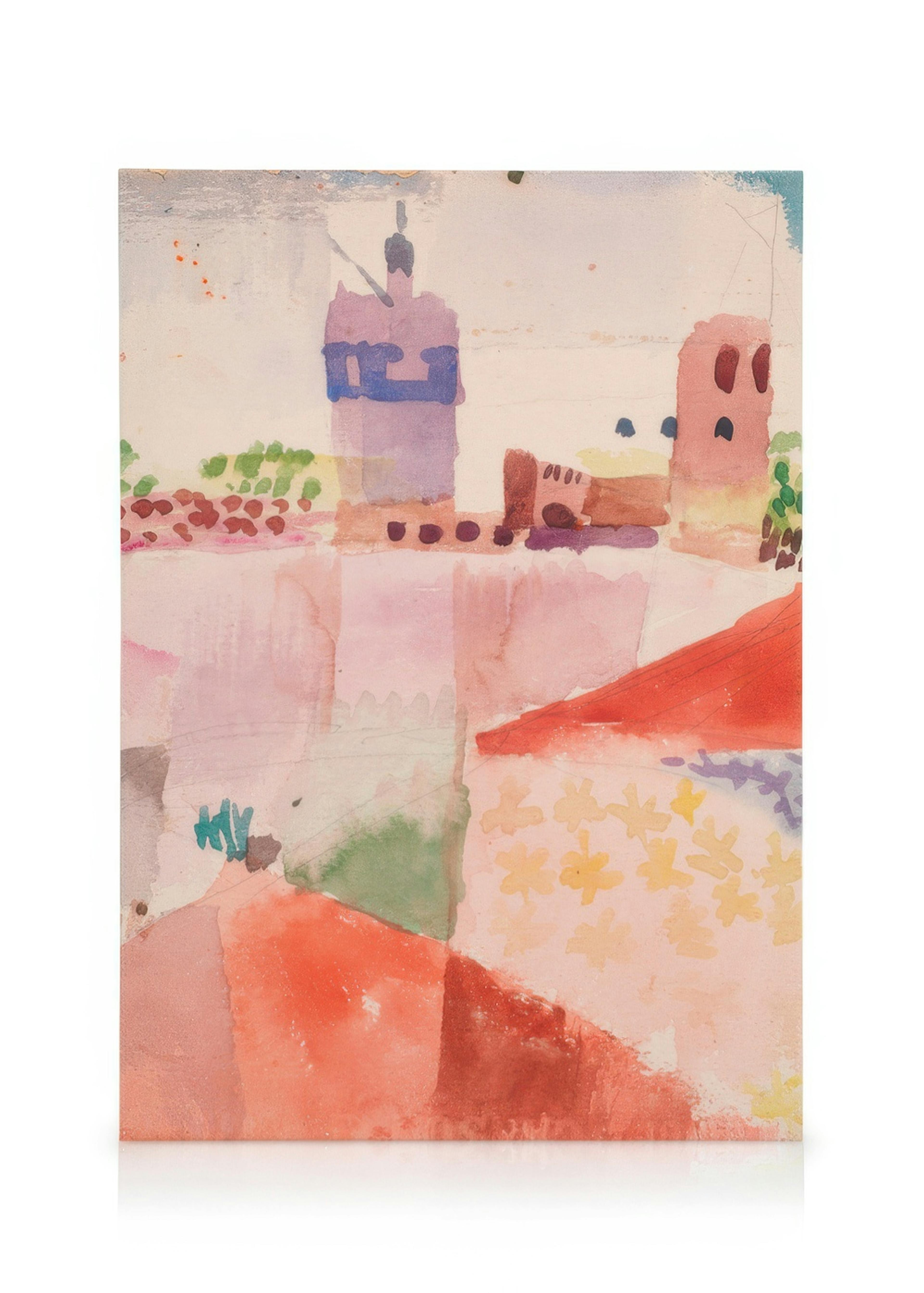 Leinwandbild mit einem Aquarell einer abstrakten Stadtlandschaft in Pastelltönen, mit roten Dächern und einem lila Turm.