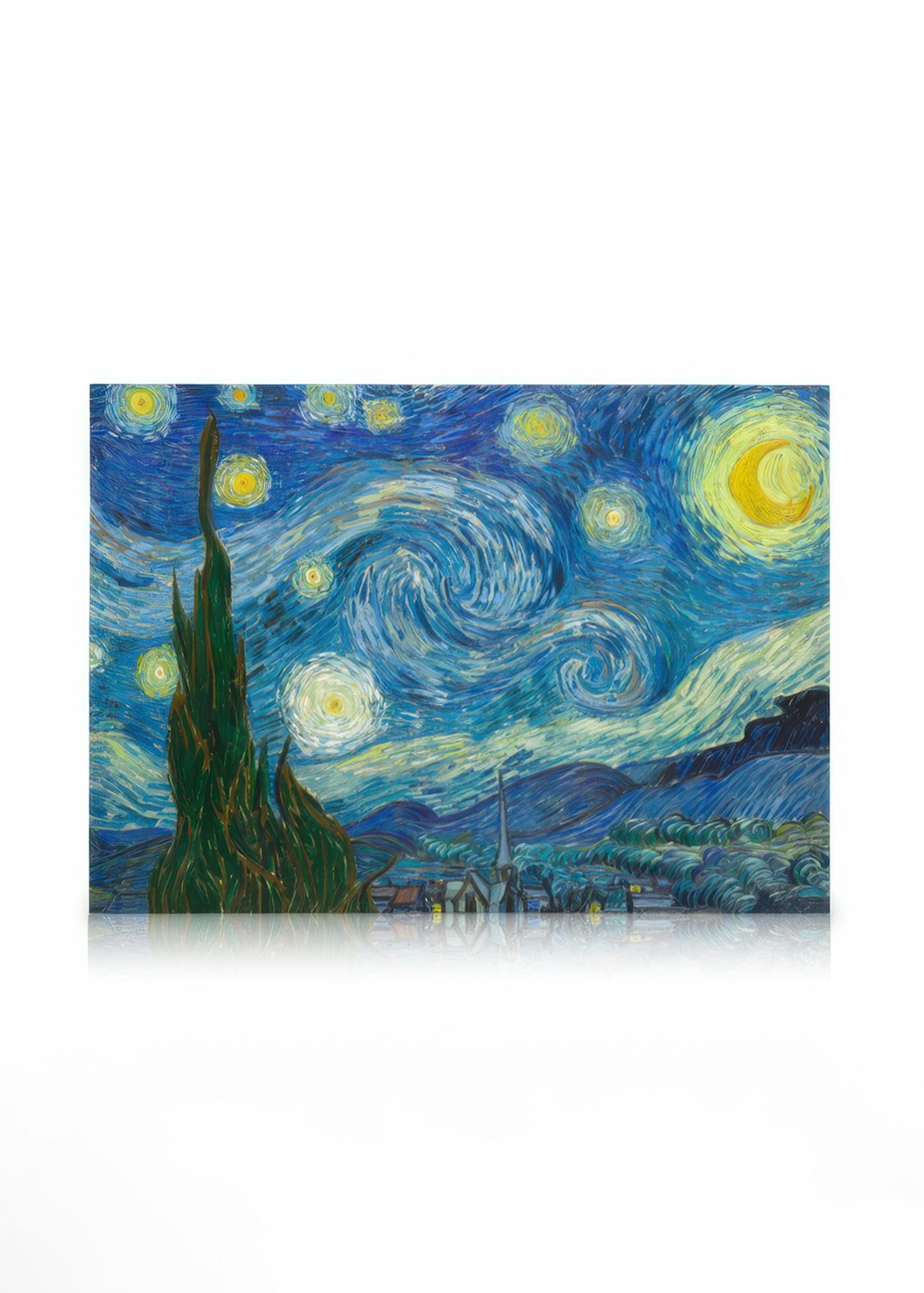 A canvas of Van Goghs The Starry Night, featuring a dark cypress tree, a town with a church steeple, and a swirling blue sky wit