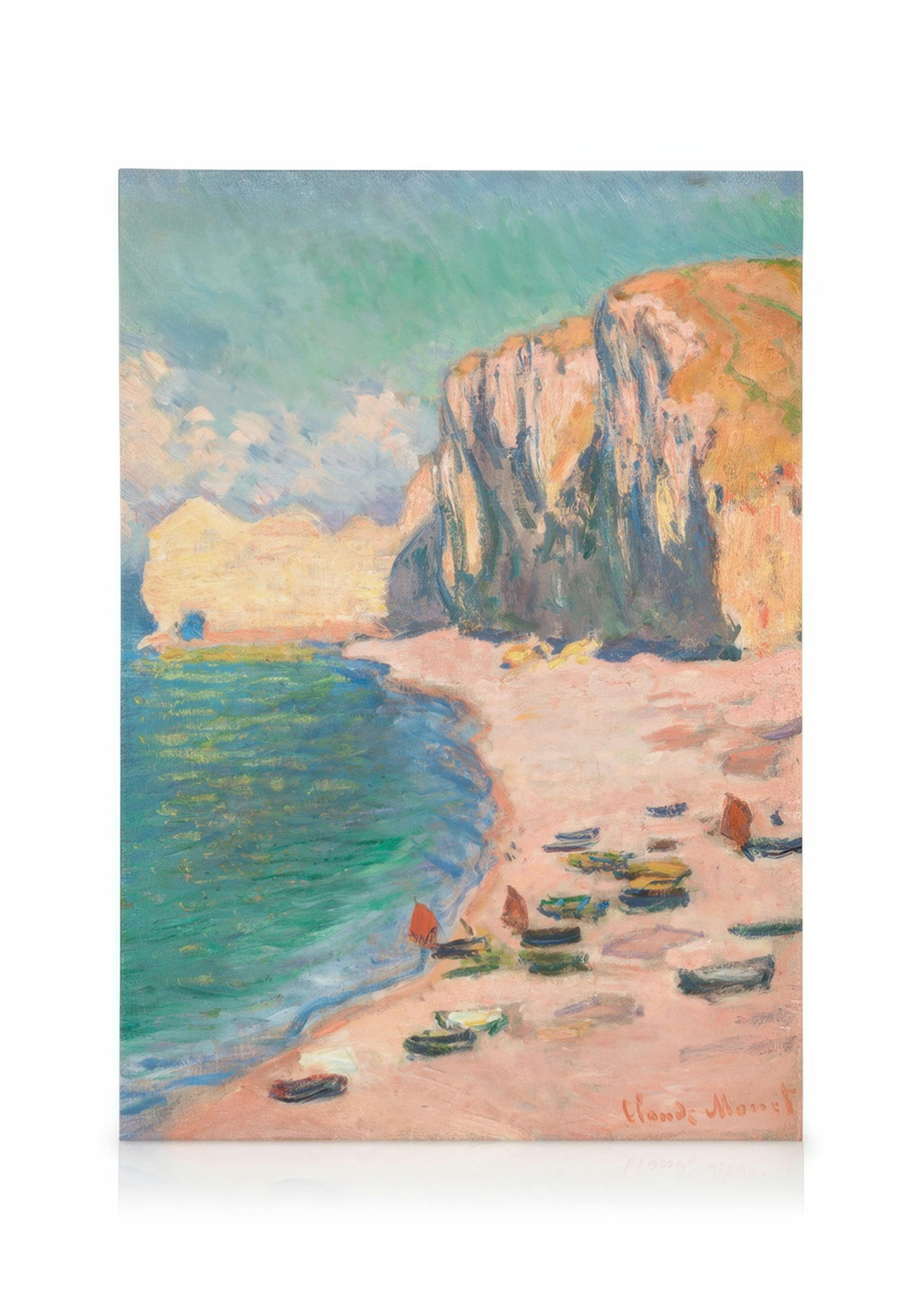 A canvas of a vibrant beach scene with colorful boats on the sand, turquoise water, and towering cliffs under a bright sky.