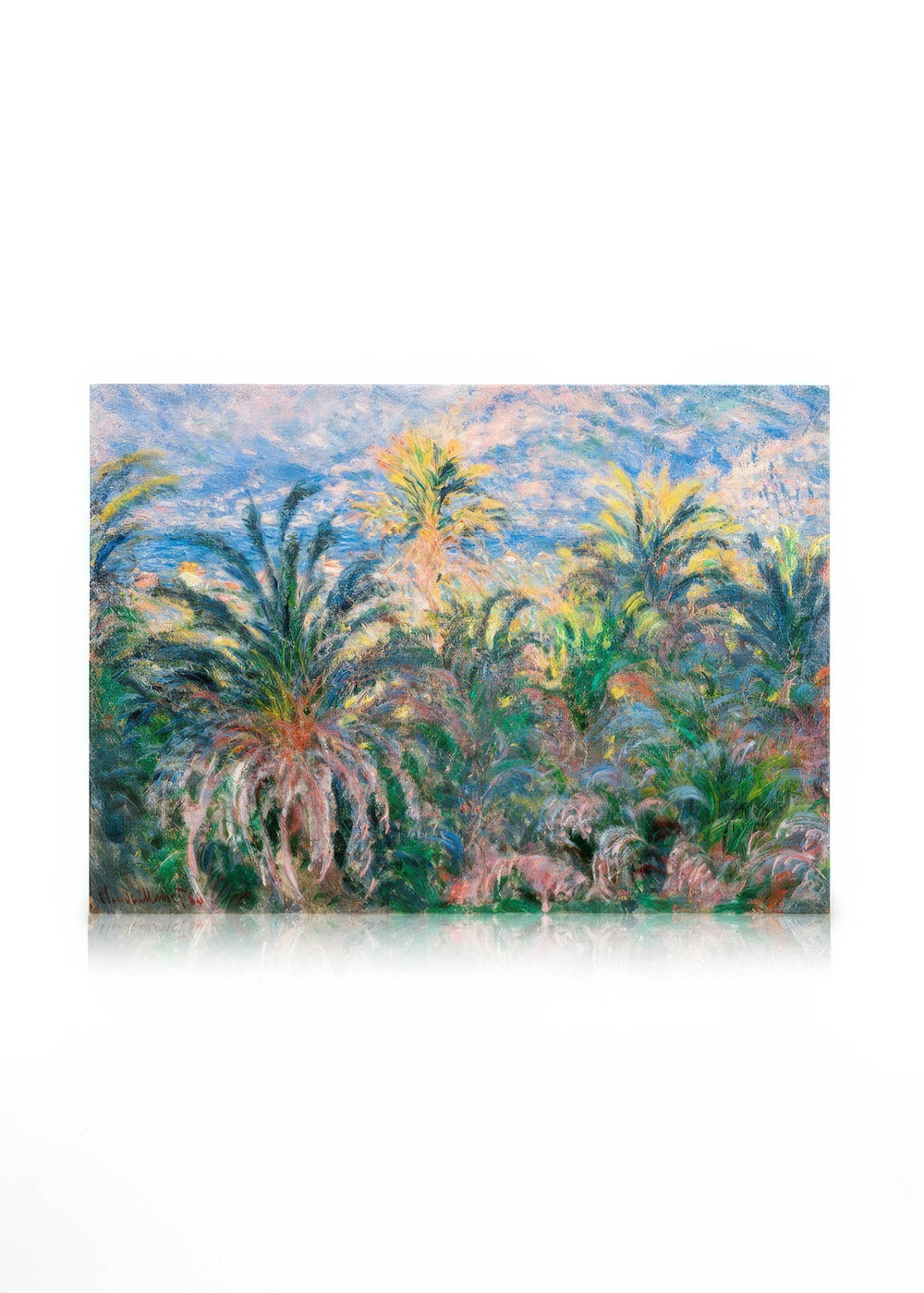 Stampa su tela di un paesaggio vibrante con palme lussureggianti e un cielo azzurro, nello stile impressionista.