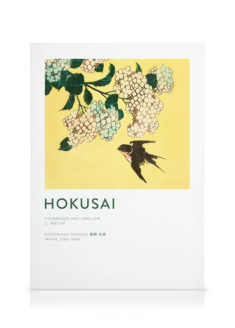 A canvas featuring Hokusais Hydrangea and Swallow, with a swallow flying near light blue and white hydrangeas on a yellow backgr