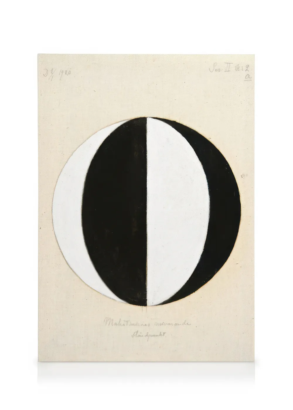 A canvas featuring an abstract black and white oval divided vertically, with opposing black and white crescent shapes.