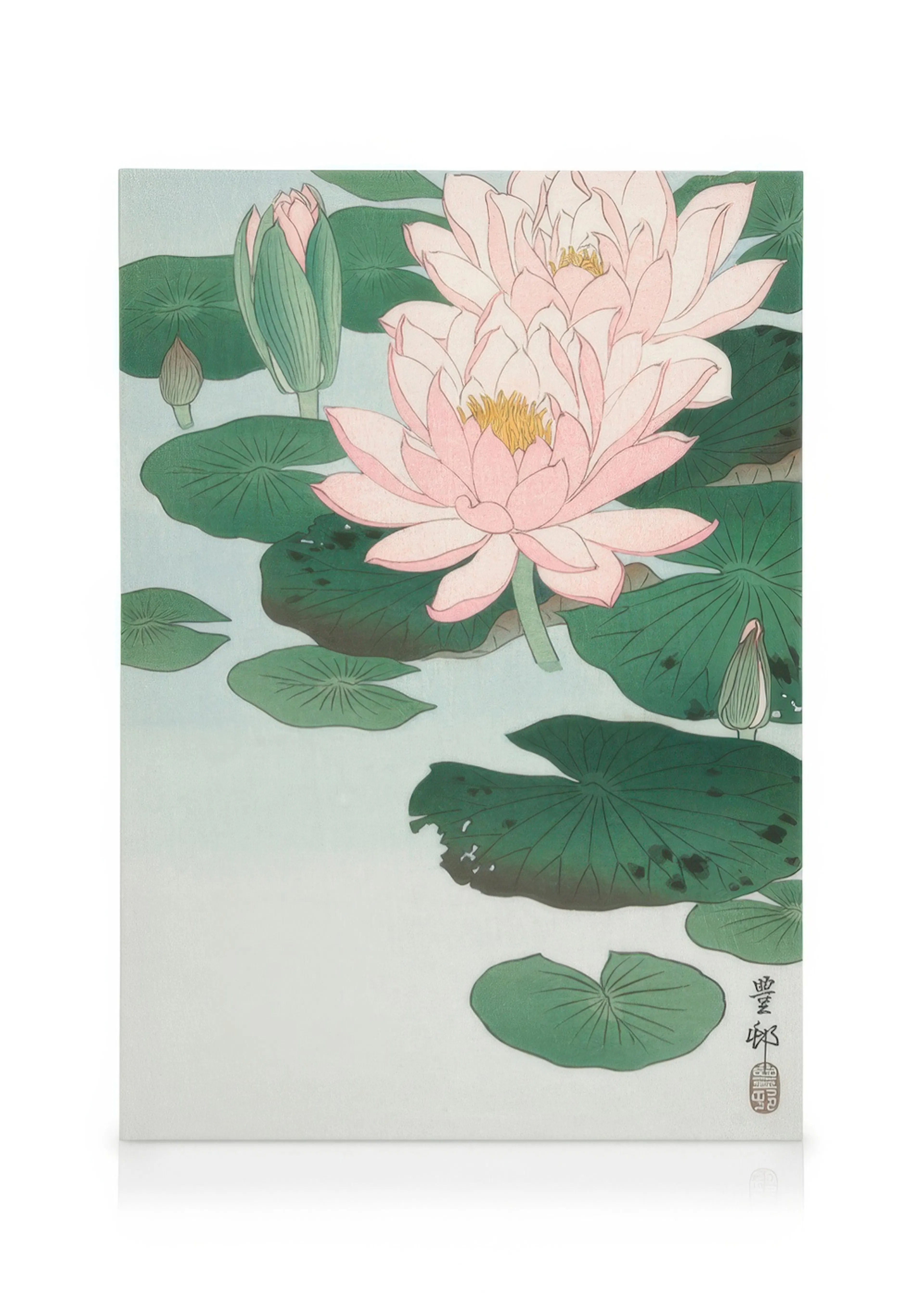 A canvas featuring a traditional Japanese woodblock print of delicate pink water lilies and green lily pads floating on light bl