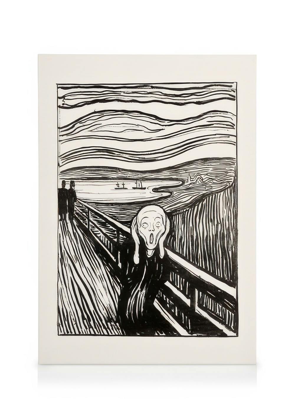 A black and white canvas of Edvard Munchs The Scream, depicting a figure with hands to face on a bridge.