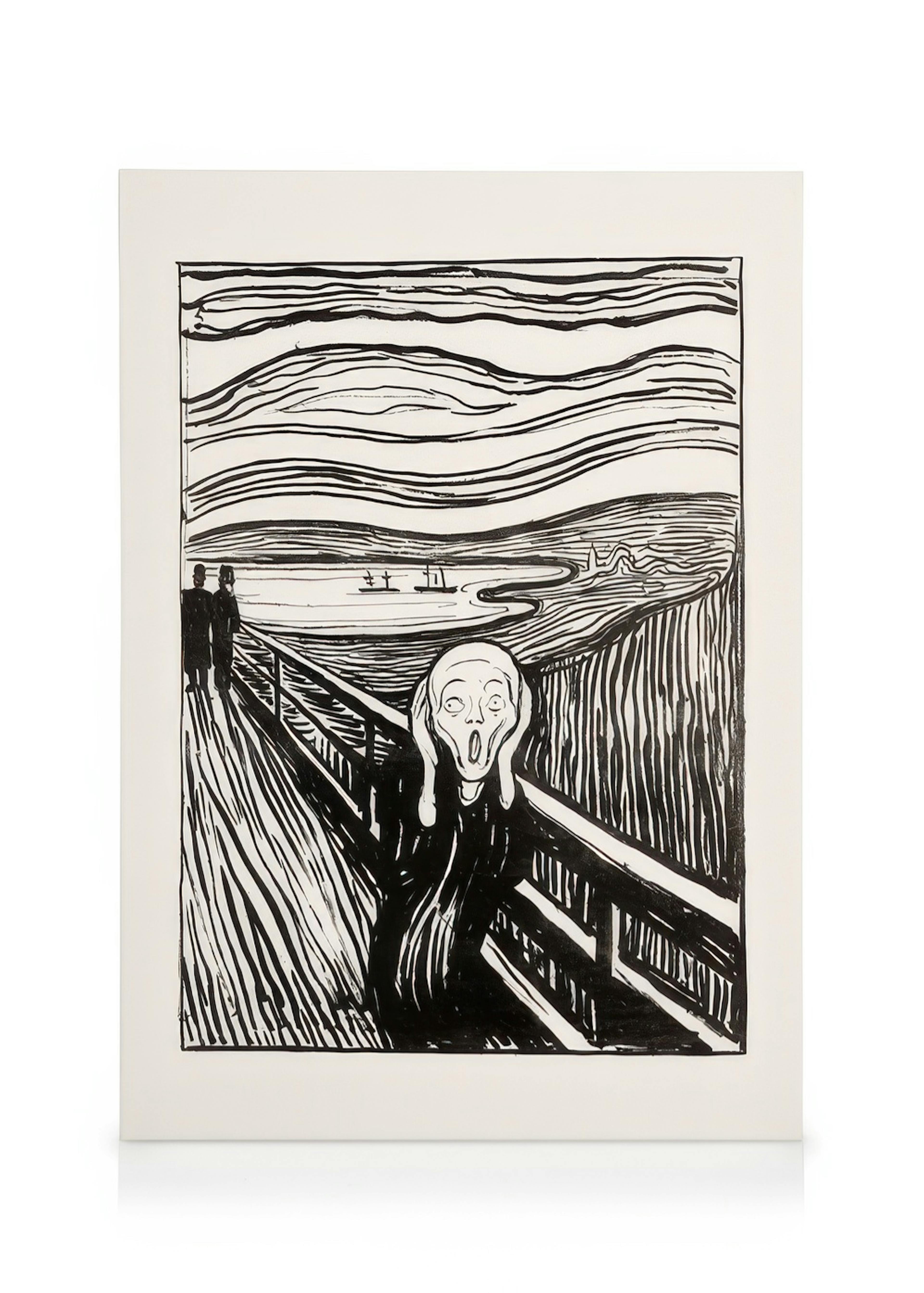 Schwarz-weißes Leinwandbild des Schreis von Munch mit einer Figur, die die Hände an den Kopf hält.