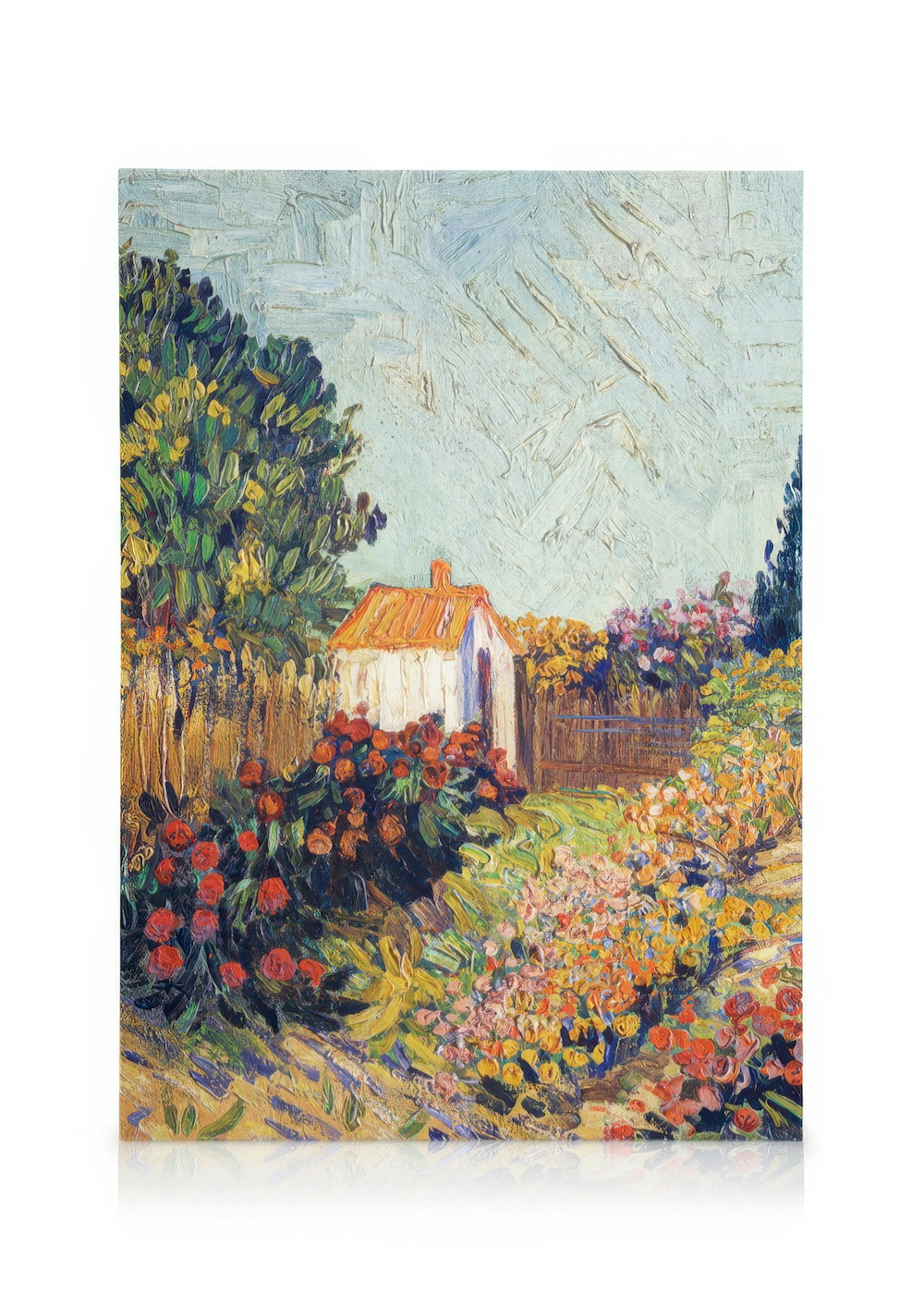 A vibrant impressionist canvas depicting a white cottage with an orange roof nestled in a lush garden with colorful flowers.