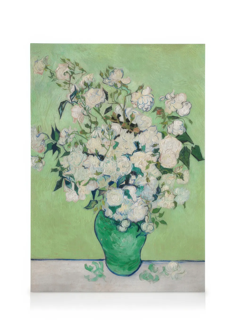 A canvas of Van Goghs Roses painting, featuring a bouquet of white roses in a green vase on a light green background.