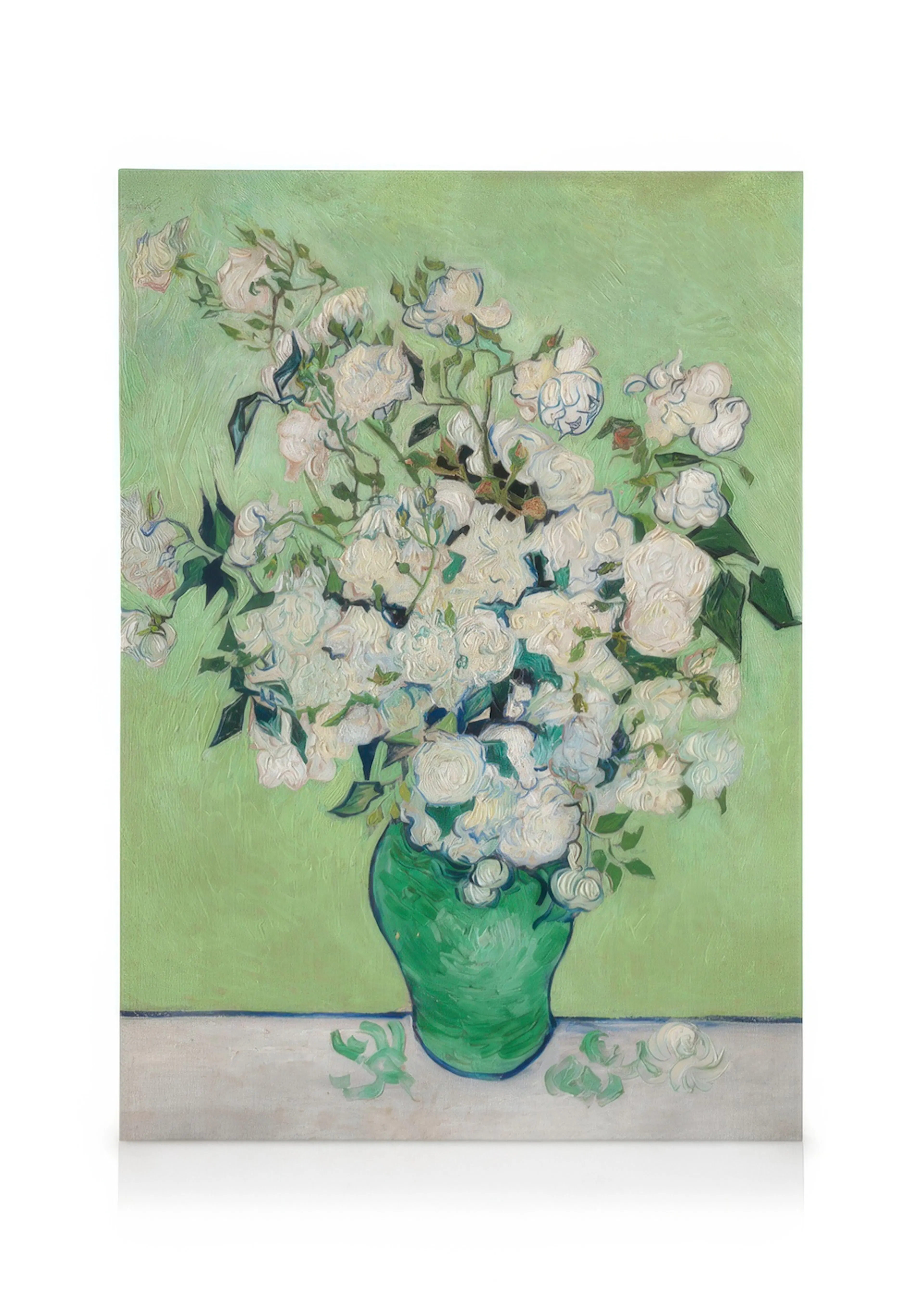 A canvas of Van Goghs Roses painting, featuring a bouquet of white roses in a green vase on a light green background.