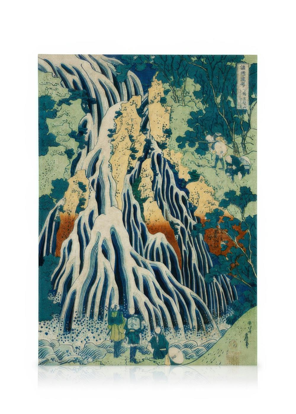 Et lerretsbilde av et japansk fossefall med hvite, blå og grønne nyanser, og orange detaljer i bakgrunnen.