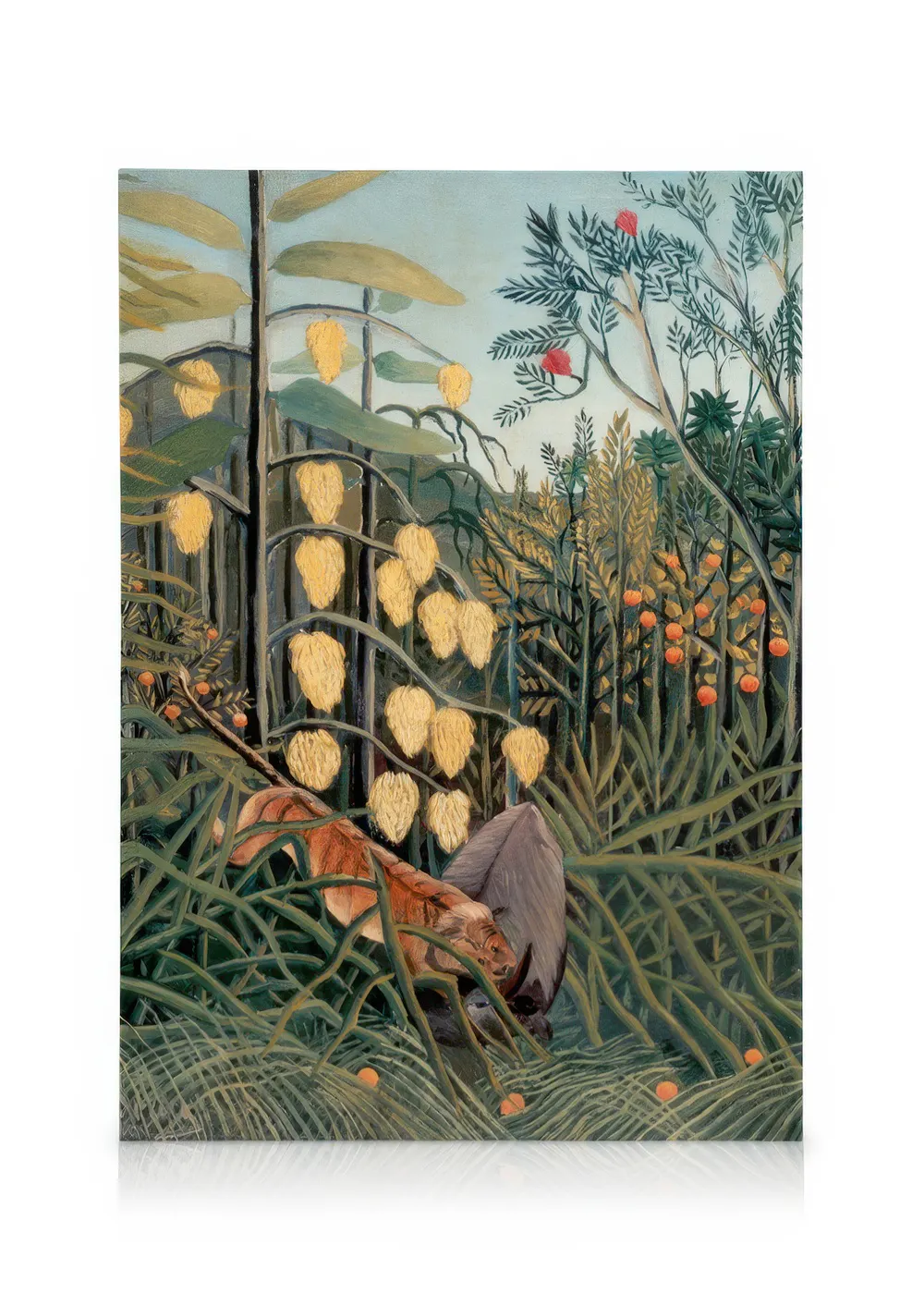 A jungle scene canvas with a tiger emerging from green foliage, surrounded by yellow exotic fruit trees and orange blossoms.