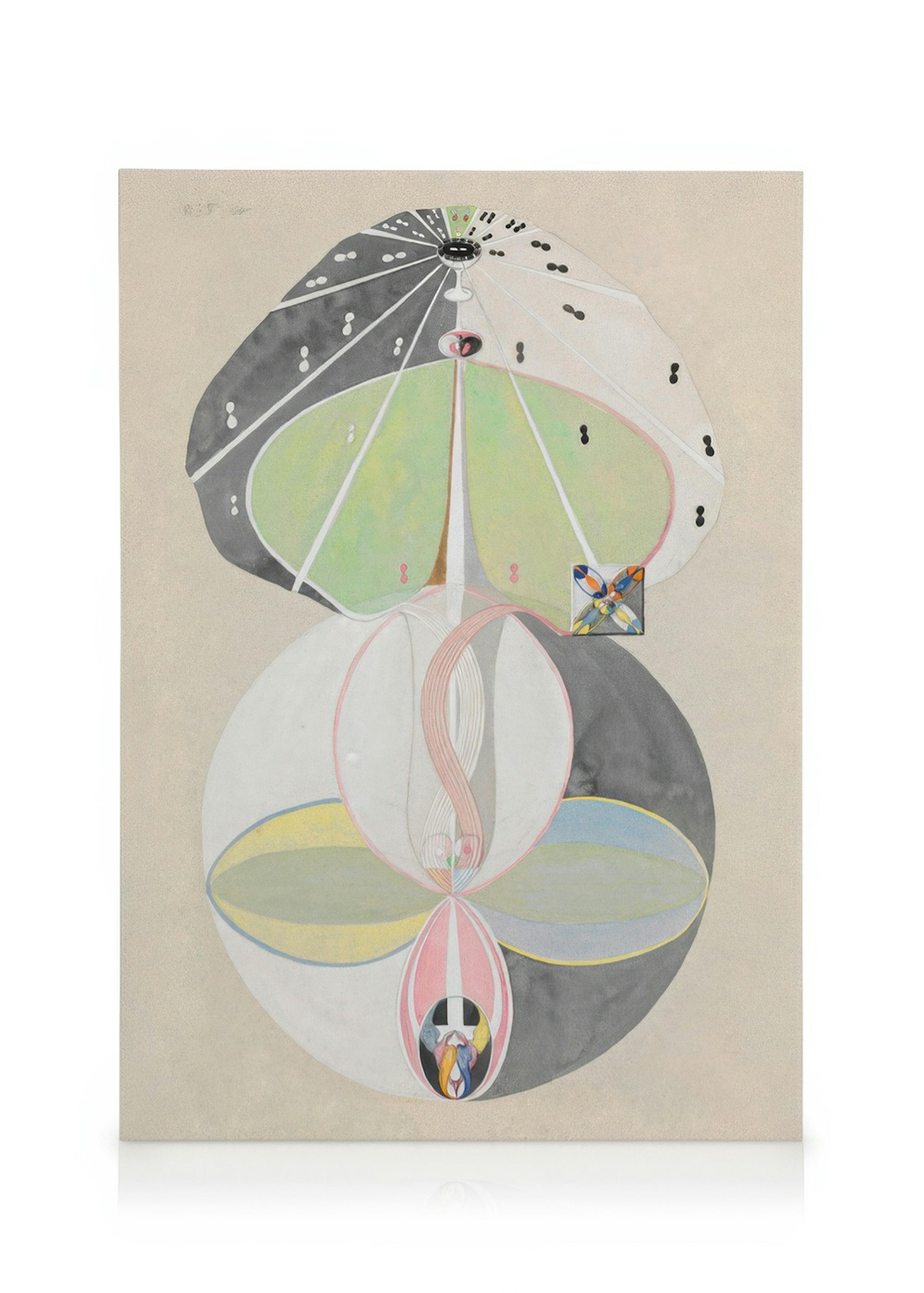 En canvastavla med Hilma af Klints målning Svanen, nr 1, abstrakt konst med geometriska former och svarta, gröna, vita och rosa 