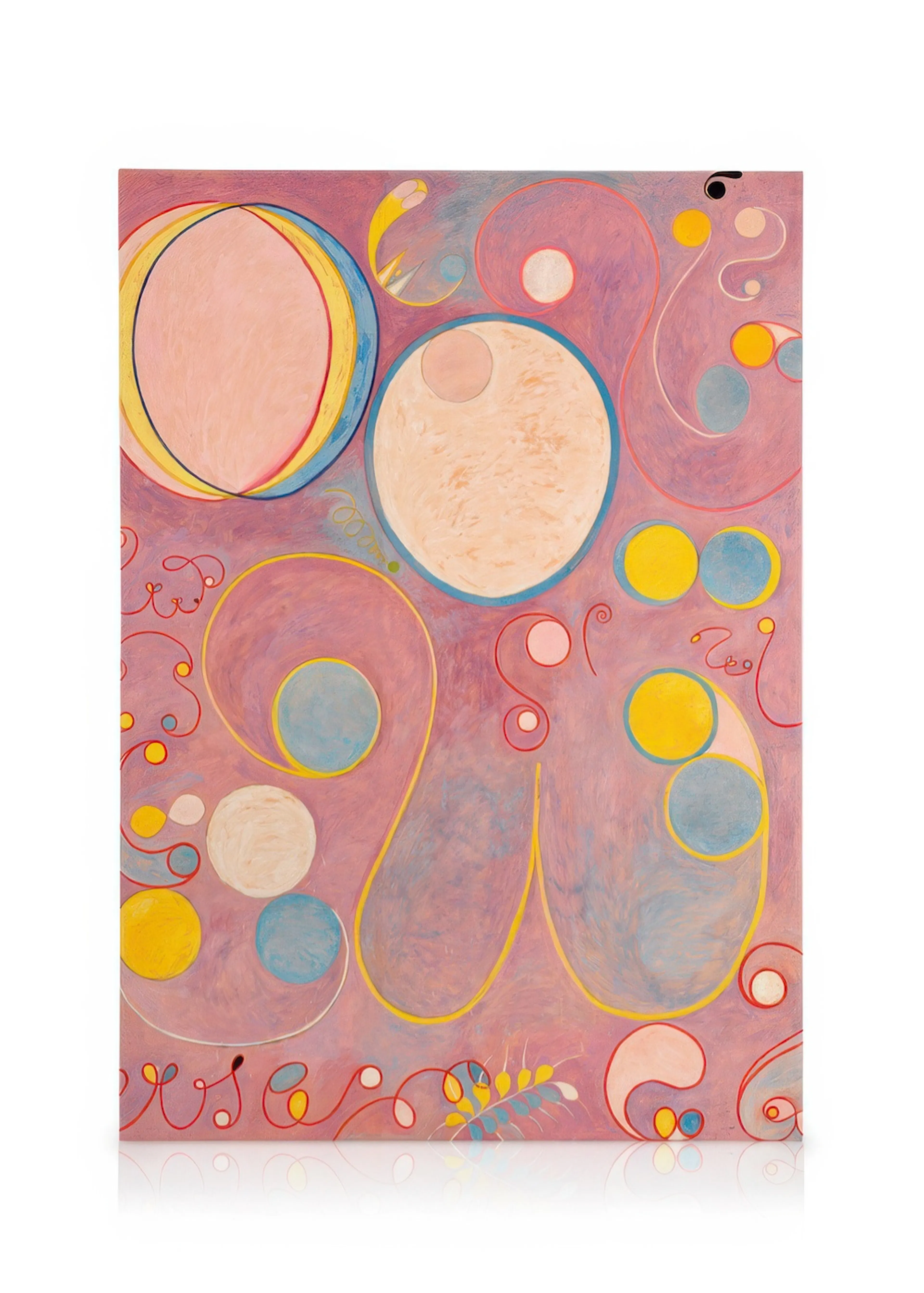 A vibrant canvas with large pink and cream circles, yellow and blue accents, and swirling red lines on a lilac background.