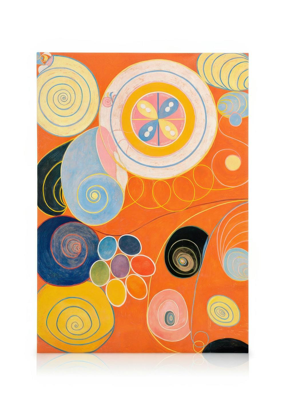 Toile abstraite aux motifs de cercles et spirales colorés sur fond orange vif.