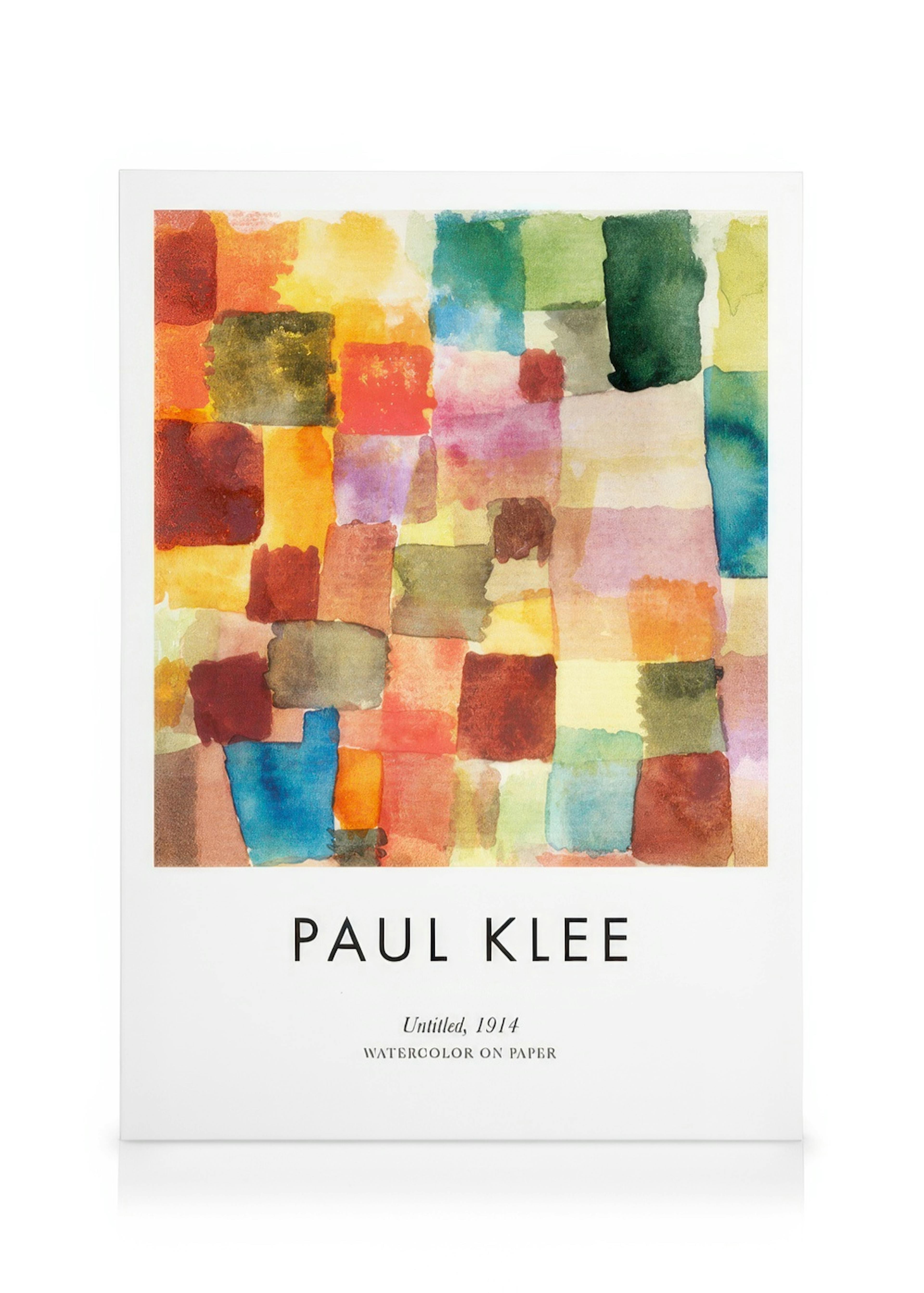 En canvastavla av Paul Klees Untitled, 1914 med färgstarka, oregelbundna akvarellkvadrater i rött, orange och grönt.