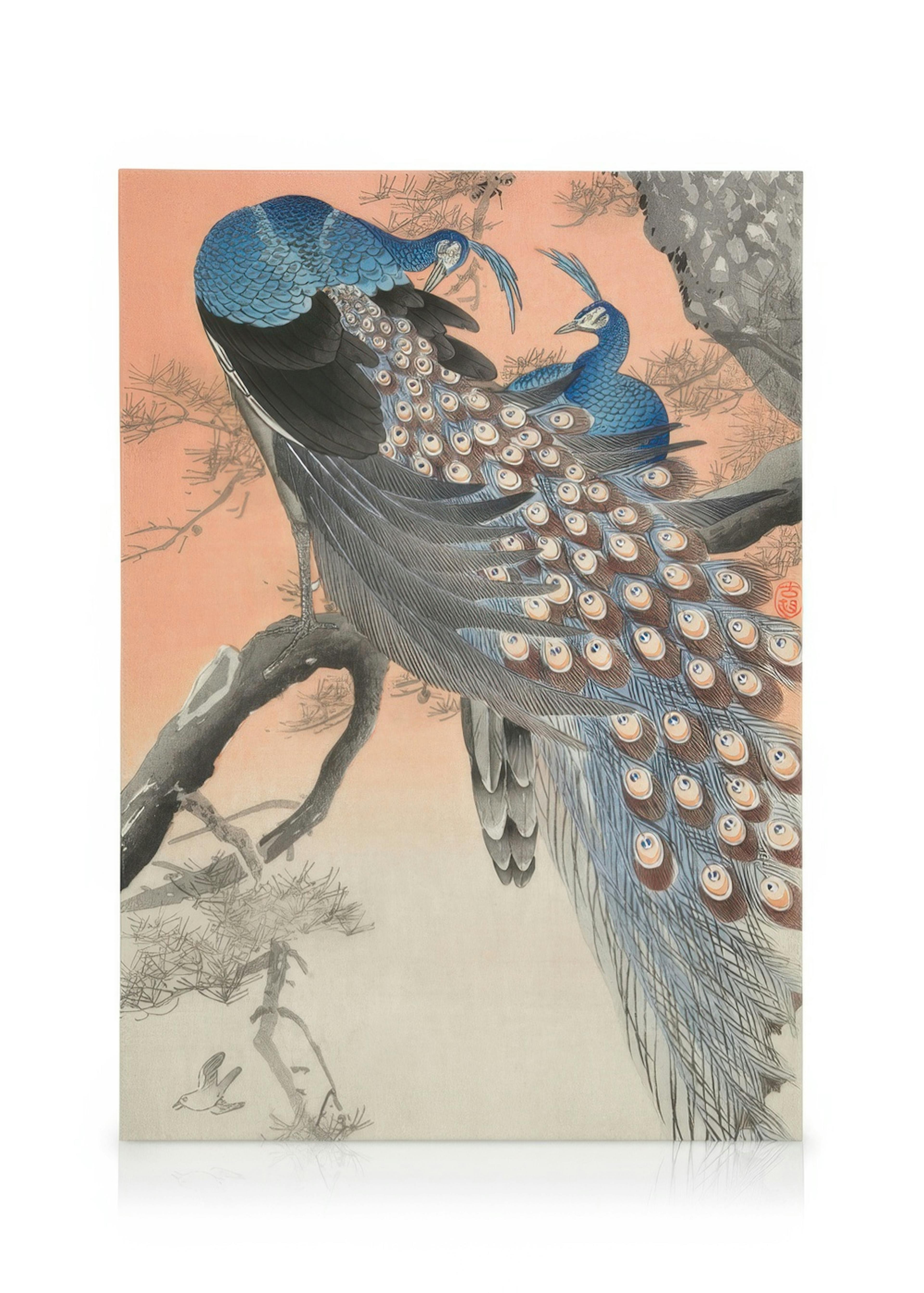 Leinwandbild mit zwei Pfauen auf einem Ast vor orangefarbenem Himmel im Ukiyo-e-Stil.