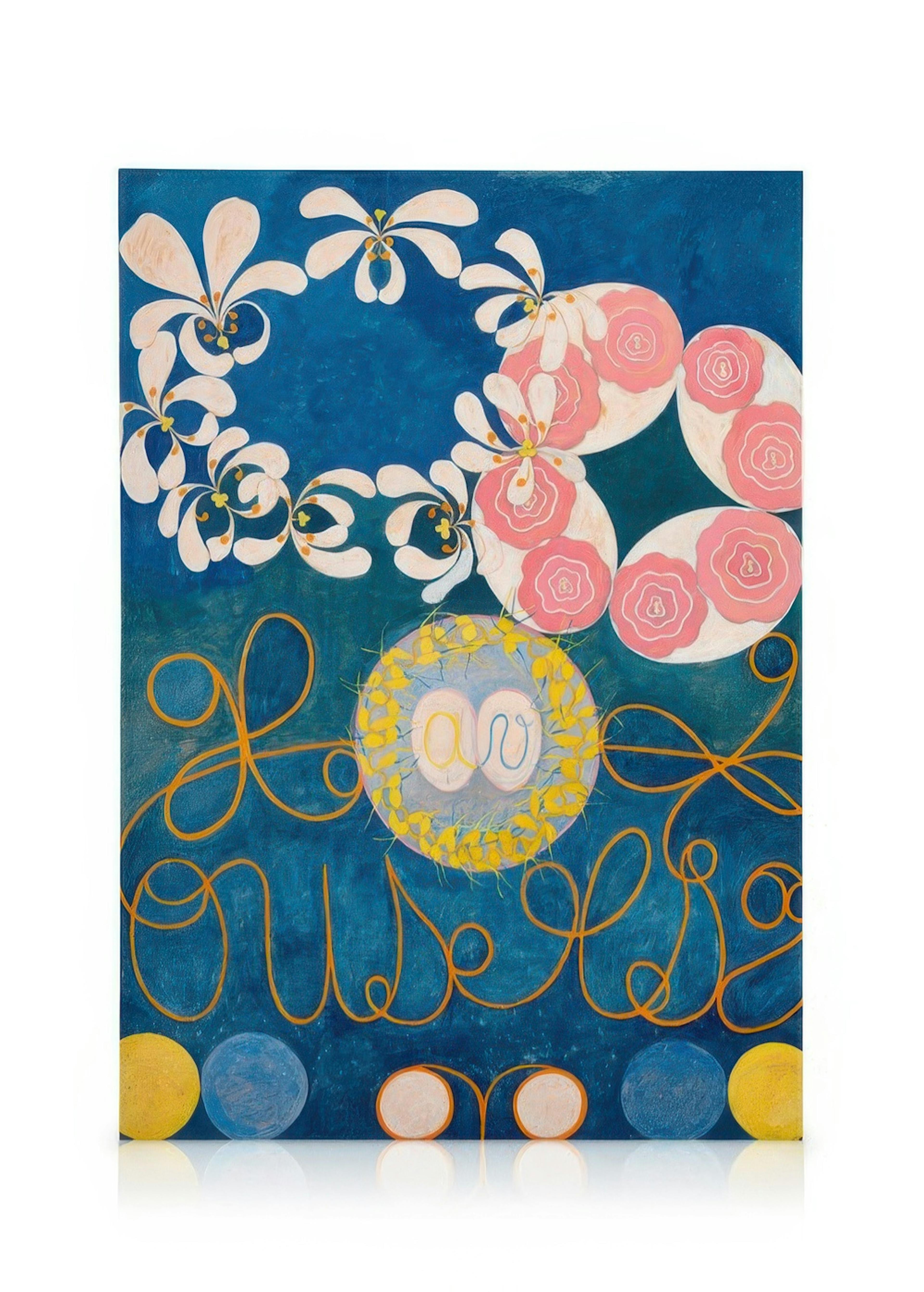 Leinwandbild mit weißen und rosa Blumen auf blauem Grund, umgeben von orangefarbenen Linien und Kreisen.