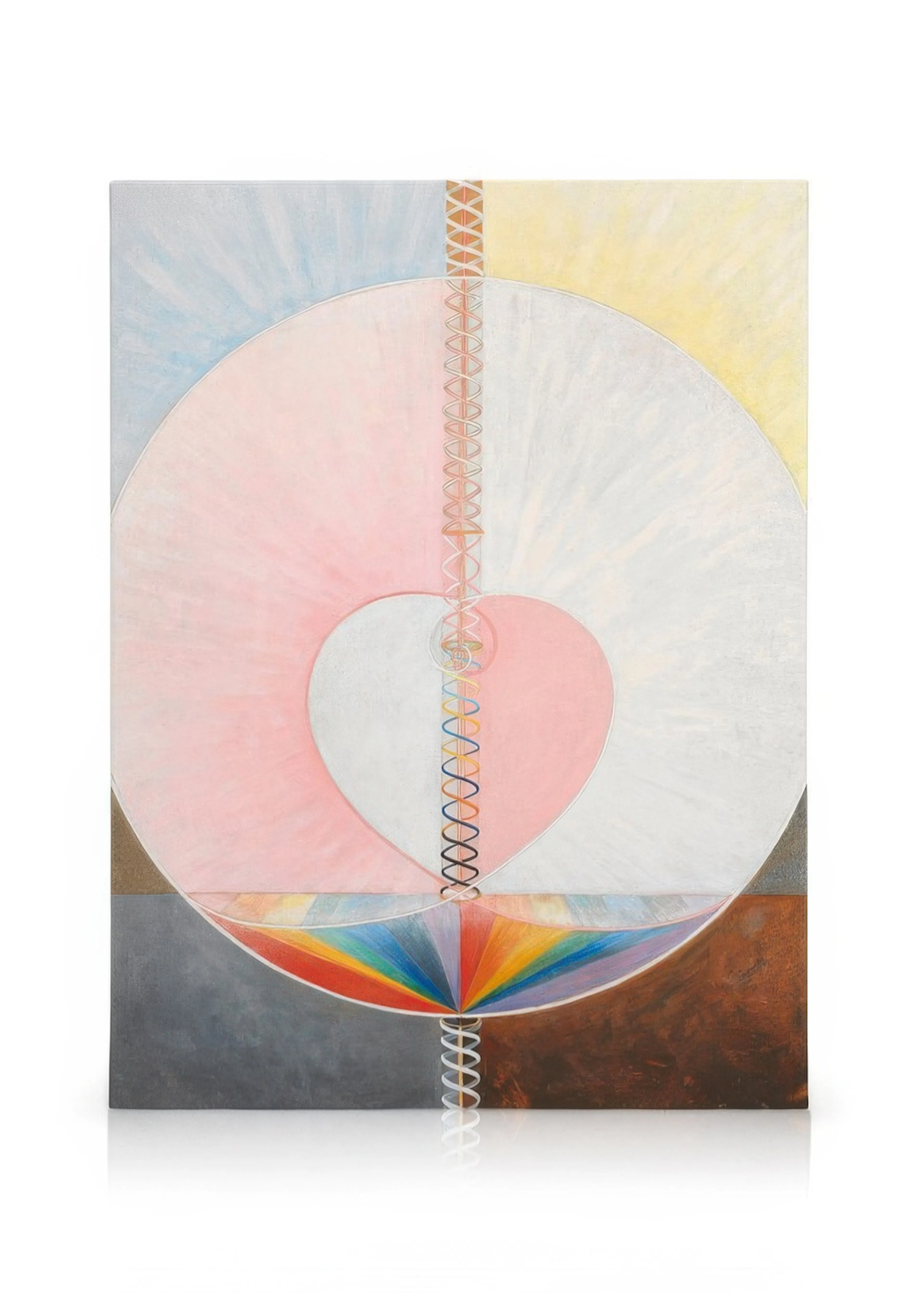 Lienzo abstracto con círculos rosados y blancos que contienen un corazón, dividido por una línea espiral con colores del arcoíri