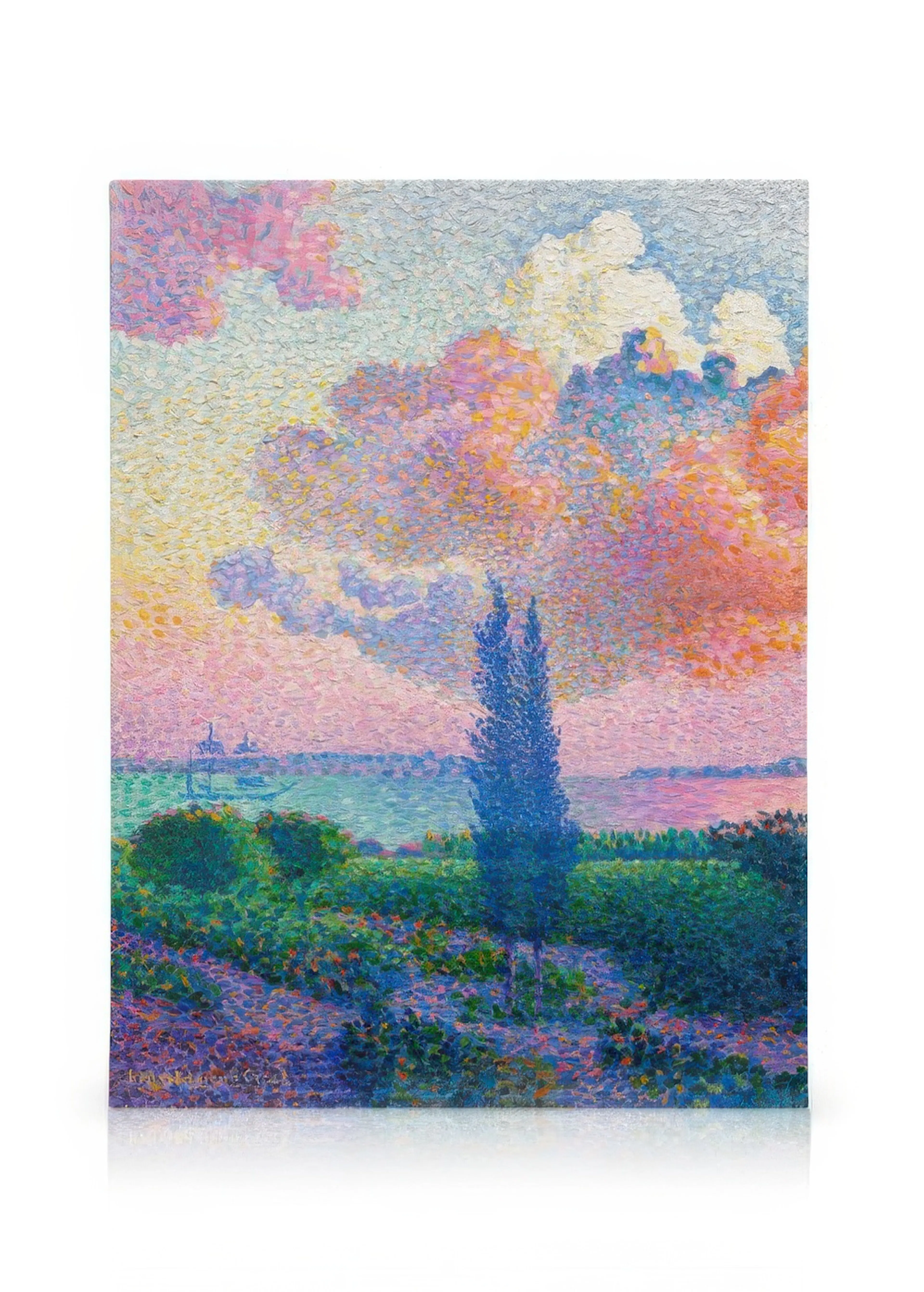 A pointillist canvas of a vibrant sunset over a landscape with a lone tree and distant boats on the water.