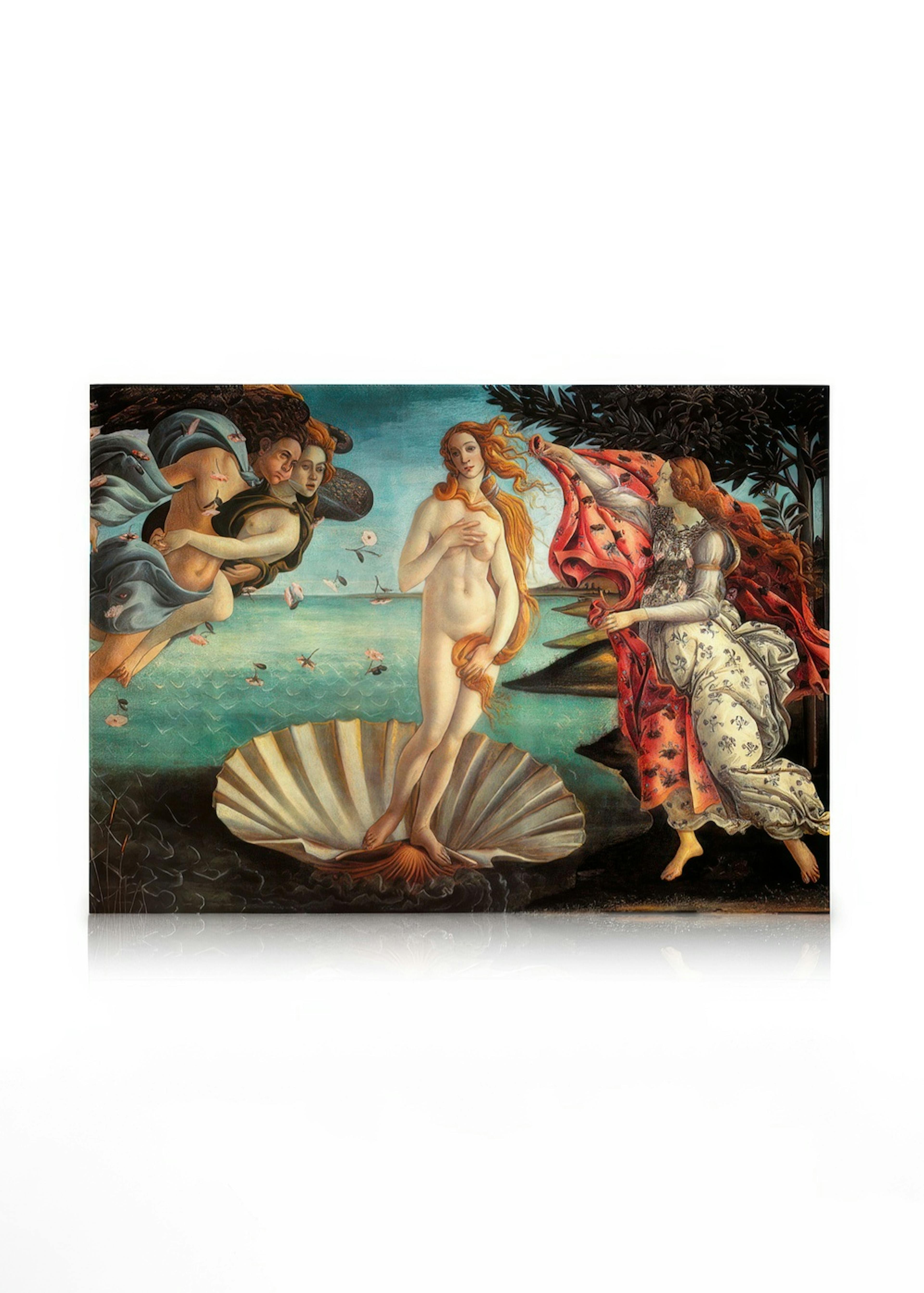 Toile murale de La Naissance de Vénus de Botticelli, montrant Vénus sur une coquille, des figures soufflant et une femme la couv