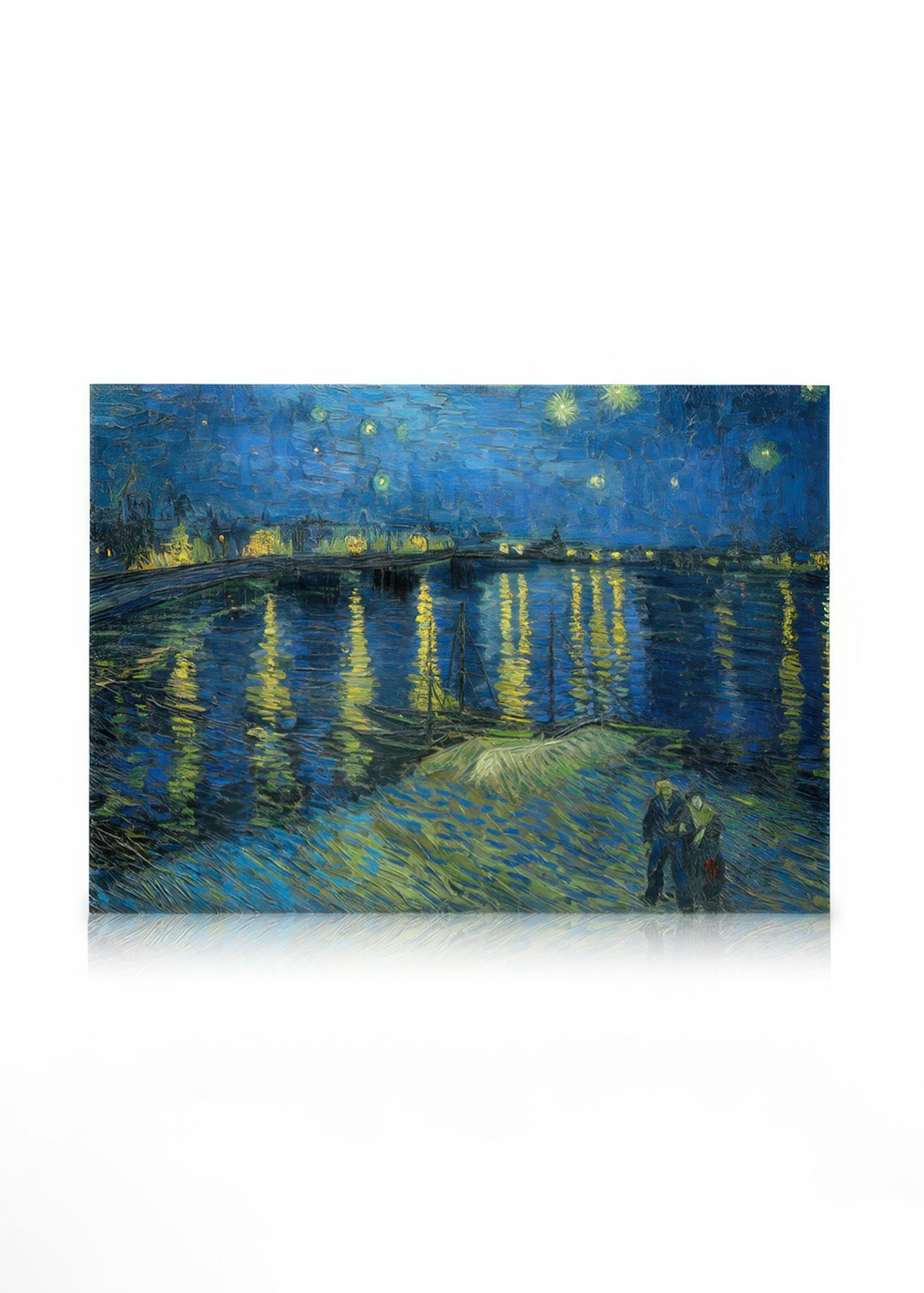 A canvas of Van Goghs Starry Night Over the Rhone, featuring a dark blue river reflecting city lights and a starry sky.